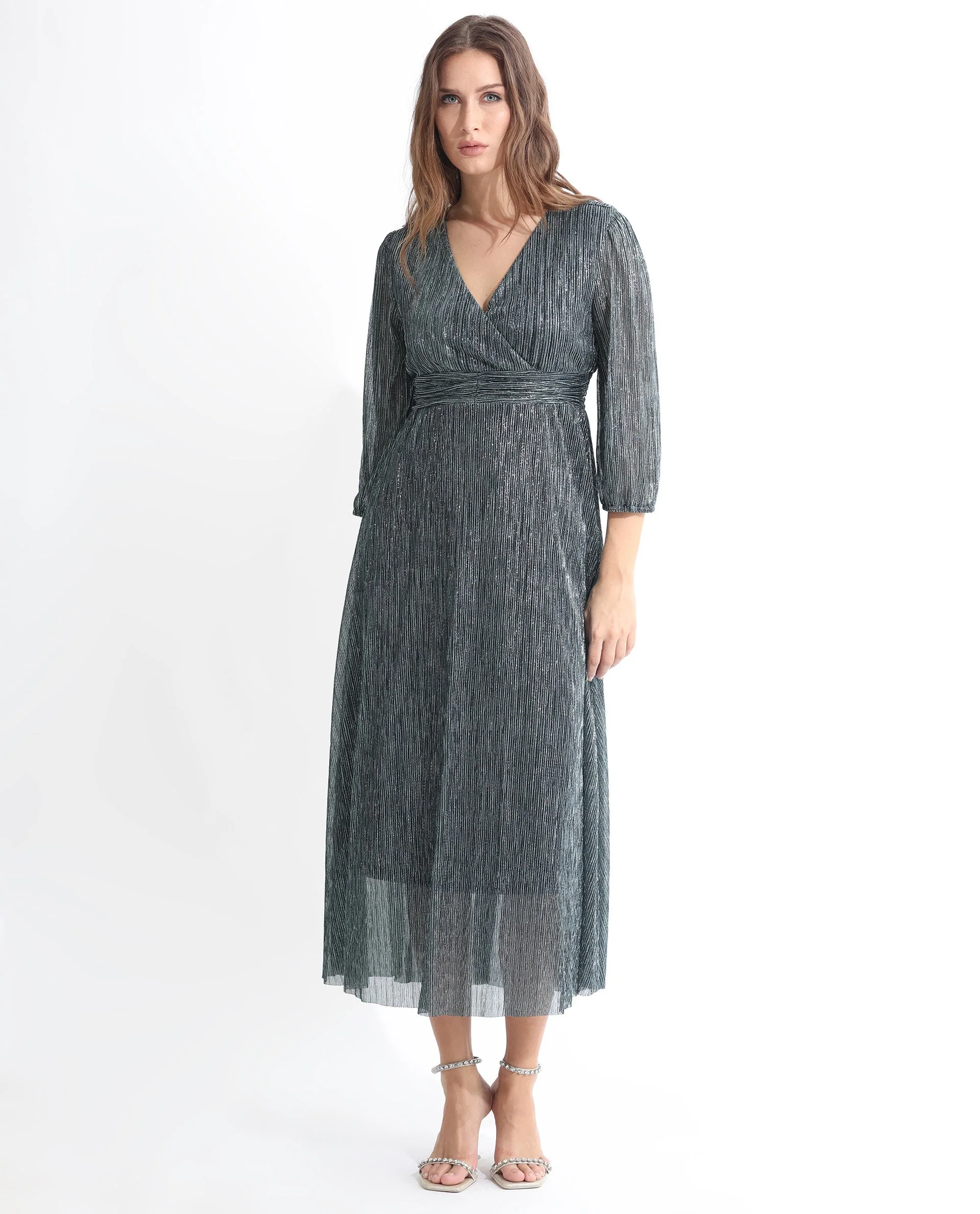 Rareism Women's Daso Metalic Silver Polyester Overlap Neck Shimmer Balloon Sleeve Maxi Fit And Flare Dress - Image 13