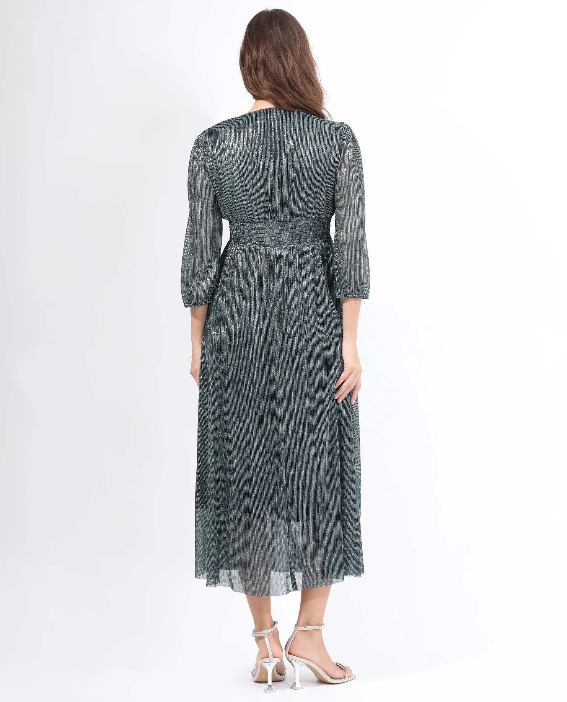 Rareism Women's Daso Metalic Silver Polyester Overlap Neck Shimmer Balloon Sleeve Maxi Fit And Flare Dress - Image 14