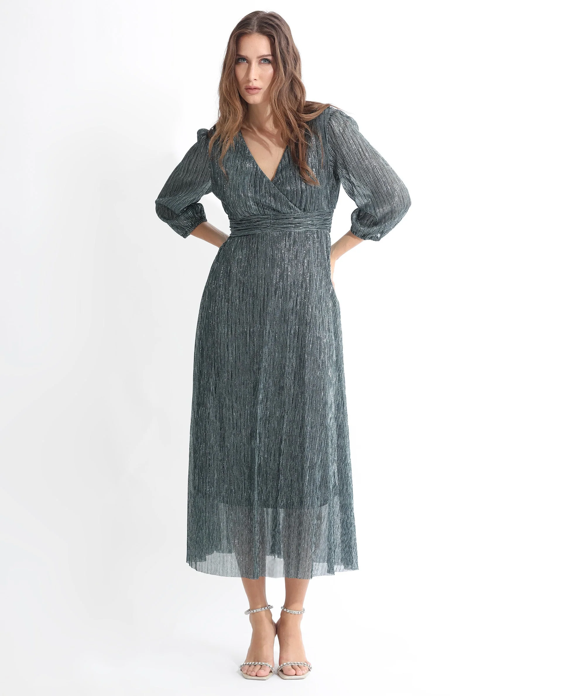 Rareism Women's Daso Metalic Silver Polyester Overlap Neck Shimmer Balloon Sleeve Maxi Fit And Flare Dress - Image 2