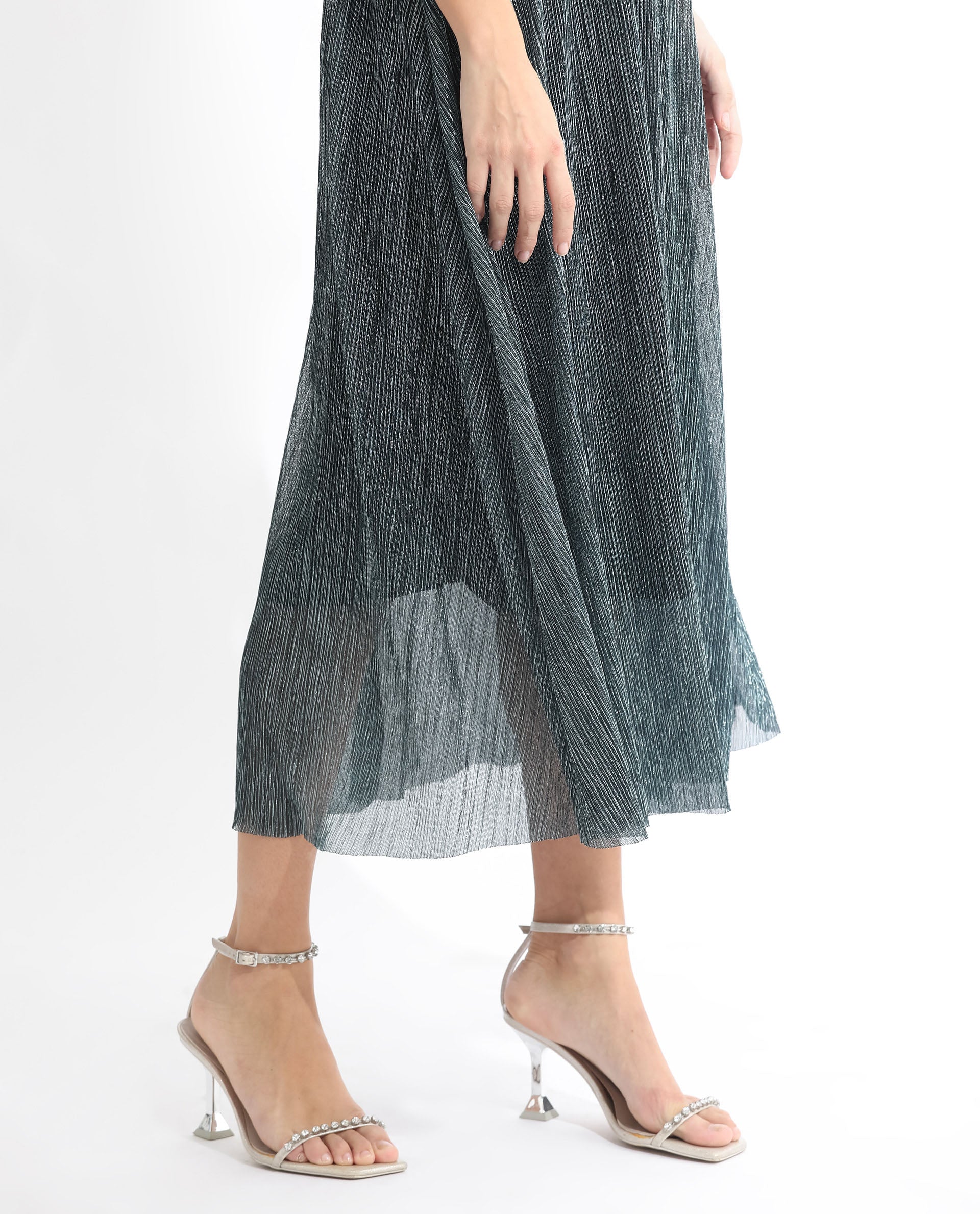 Rareism Women's Daso Metalic Silver Polyester Overlap Neck Shimmer Balloon Sleeve Maxi Fit And Flare Dress - Image 3