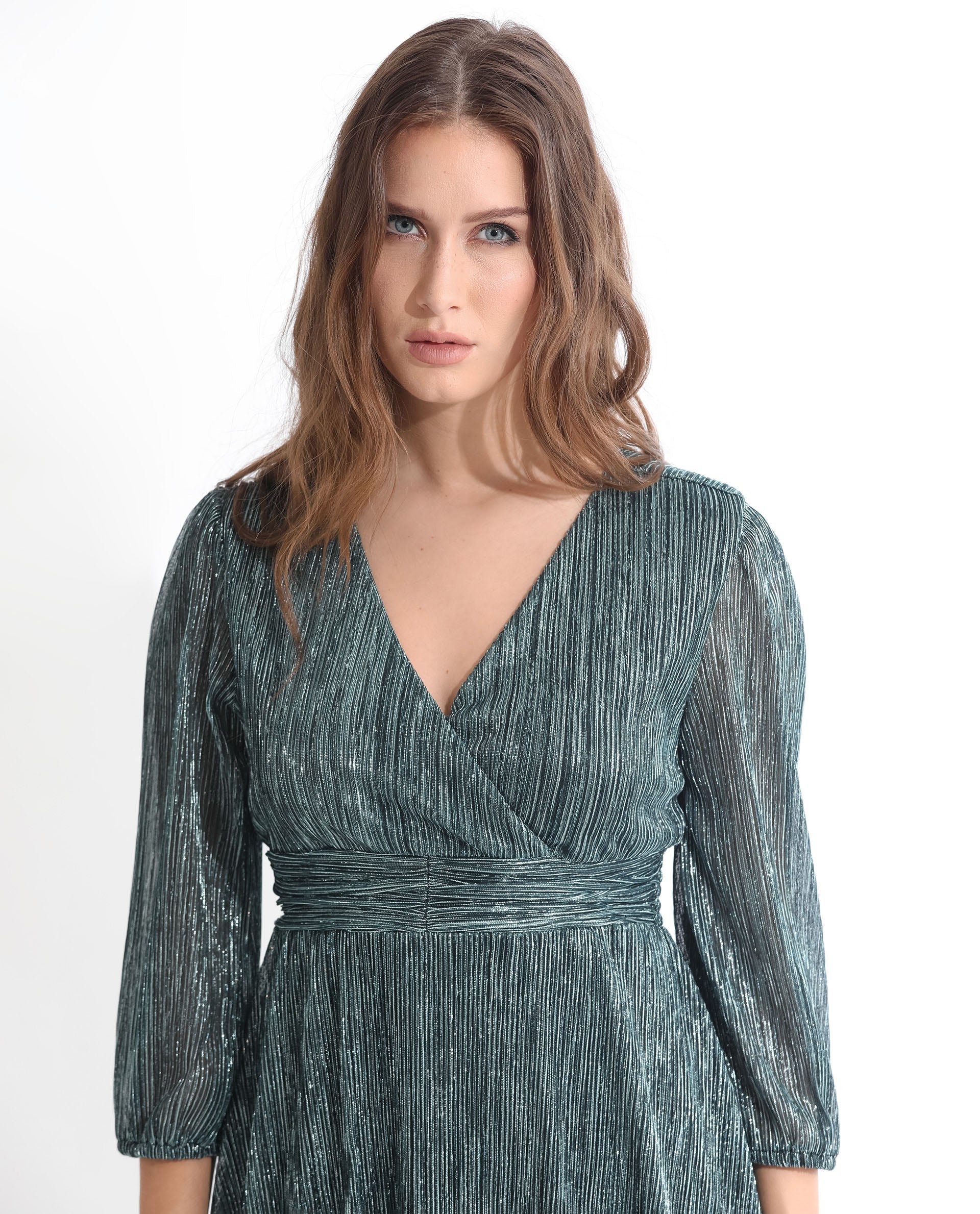 Rareism Women's Daso Metalic Silver Polyester Overlap Neck Shimmer Balloon Sleeve Maxi Fit And Flare Dress - Image 4