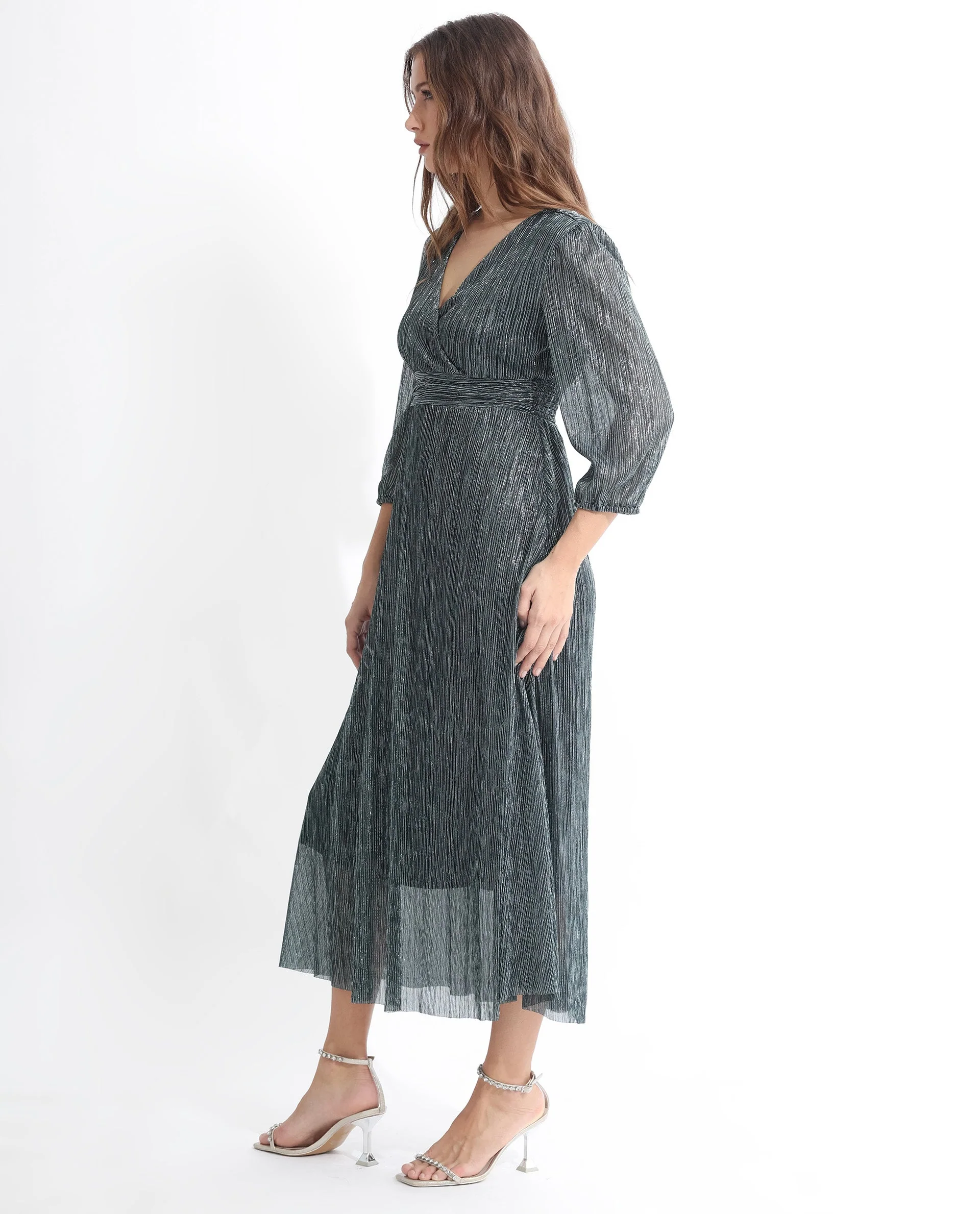 Rareism Women's Daso Metalic Silver Polyester Overlap Neck Shimmer Balloon Sleeve Maxi Fit And Flare Dress - Image 8