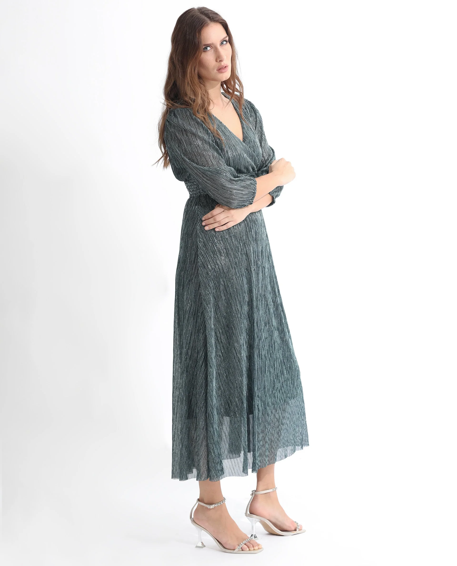 Rareism Women's Daso Metalic Silver Polyester Overlap Neck Shimmer Balloon Sleeve Maxi Fit And Flare Dress - Image 9