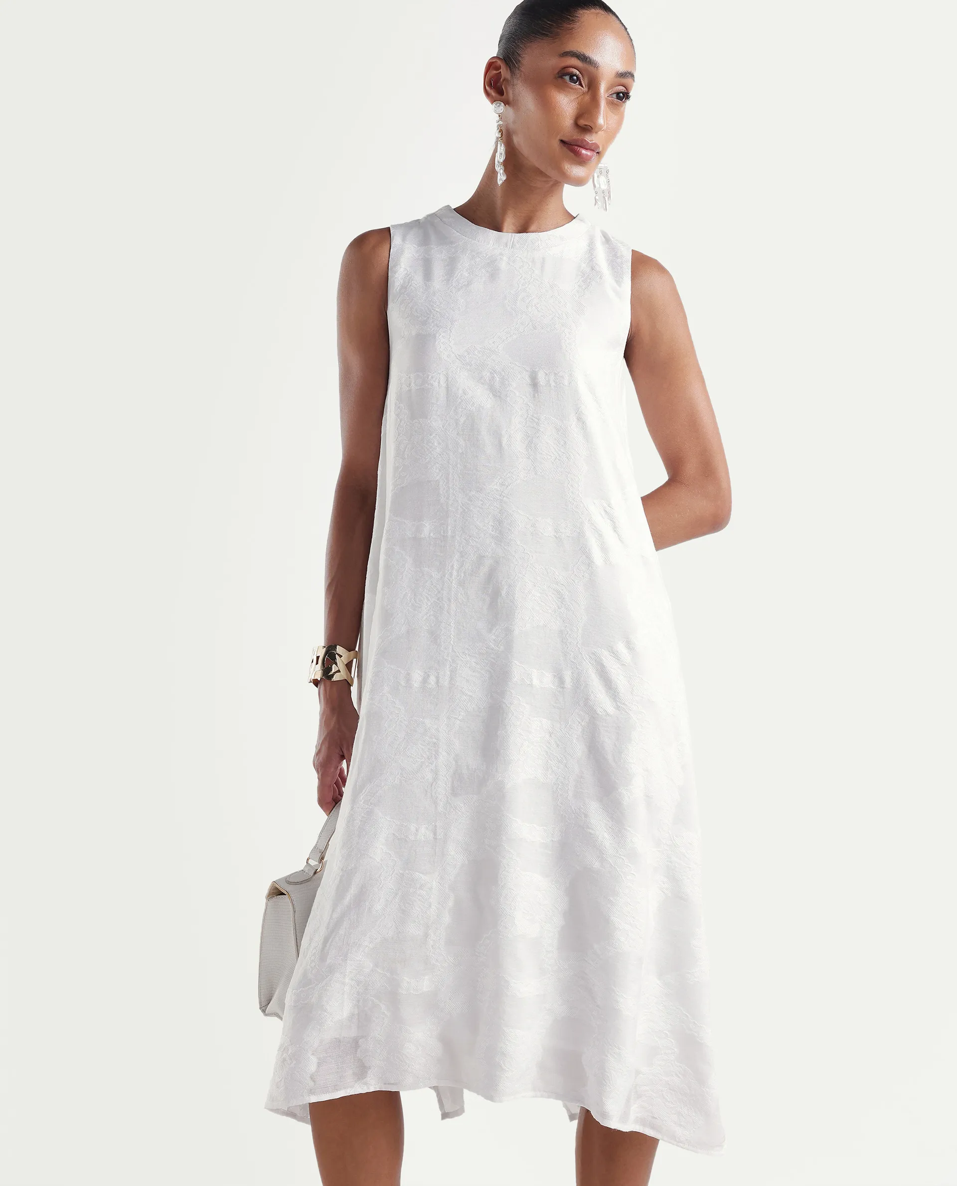 Rareism Women's Dassidy Off White Viscose Blend Crew Neck Button A-Line Jacquard Print Dress