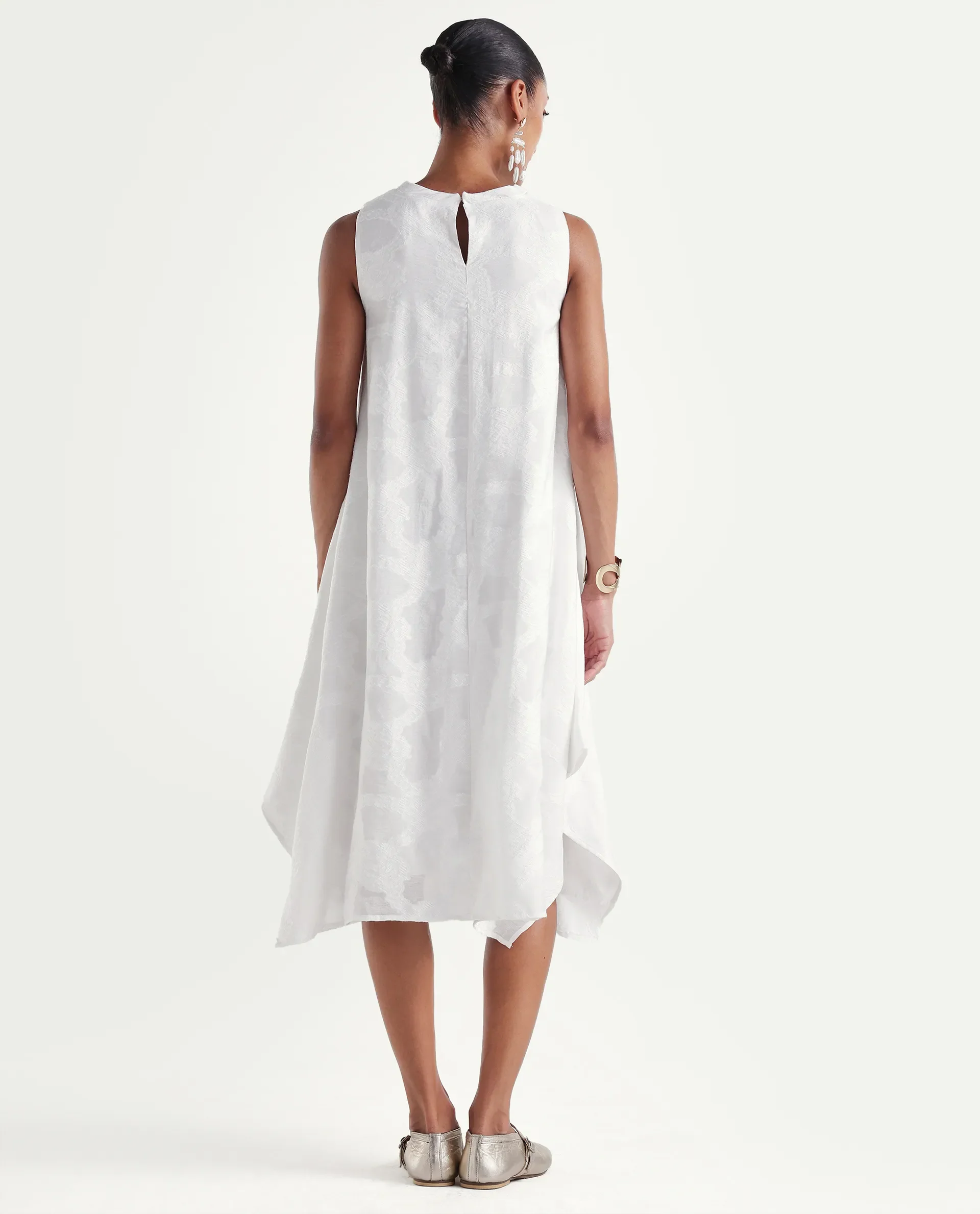 Rareism Women's Dassidy Off White Viscose Blend Crew Neck Button A-Line Jacquard Print Dress - Image 7