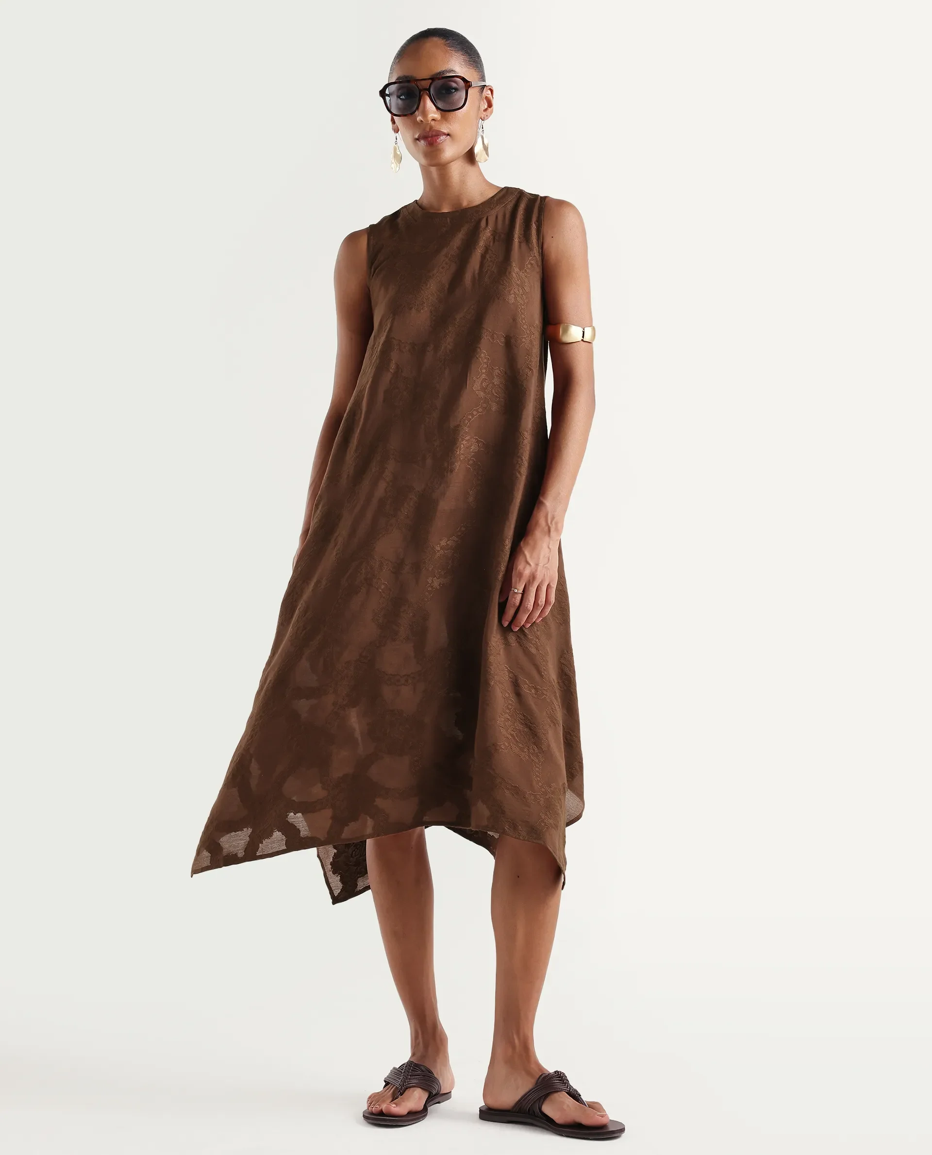 Rareism Women's Dassidy Rust Viscose Blend Crew Neck Button A-Line Jacquard Print Dress