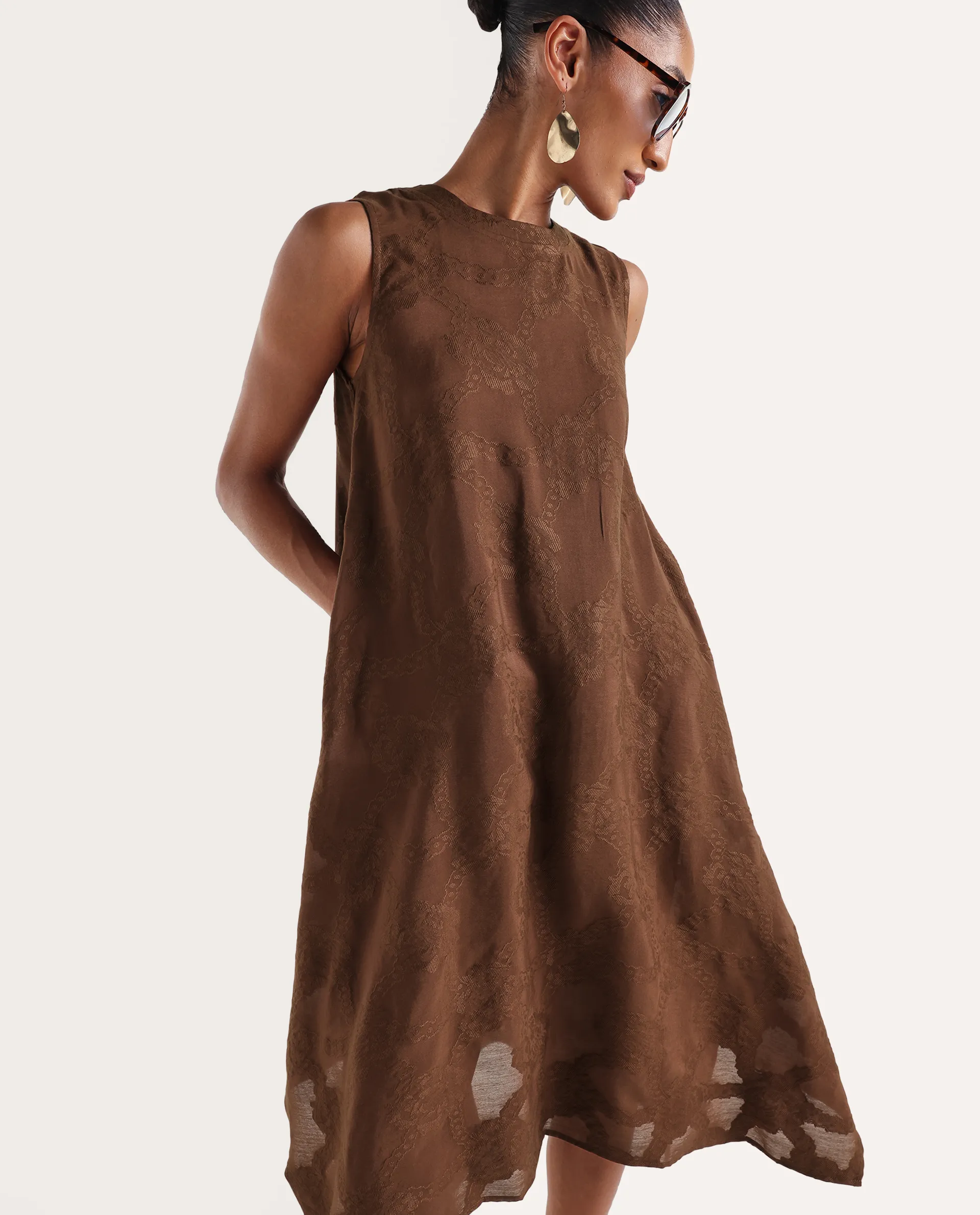 Rareism Women's Dassidy Rust Viscose Blend Crew Neck Button A-Line Jacquard Print Dress - Image 2