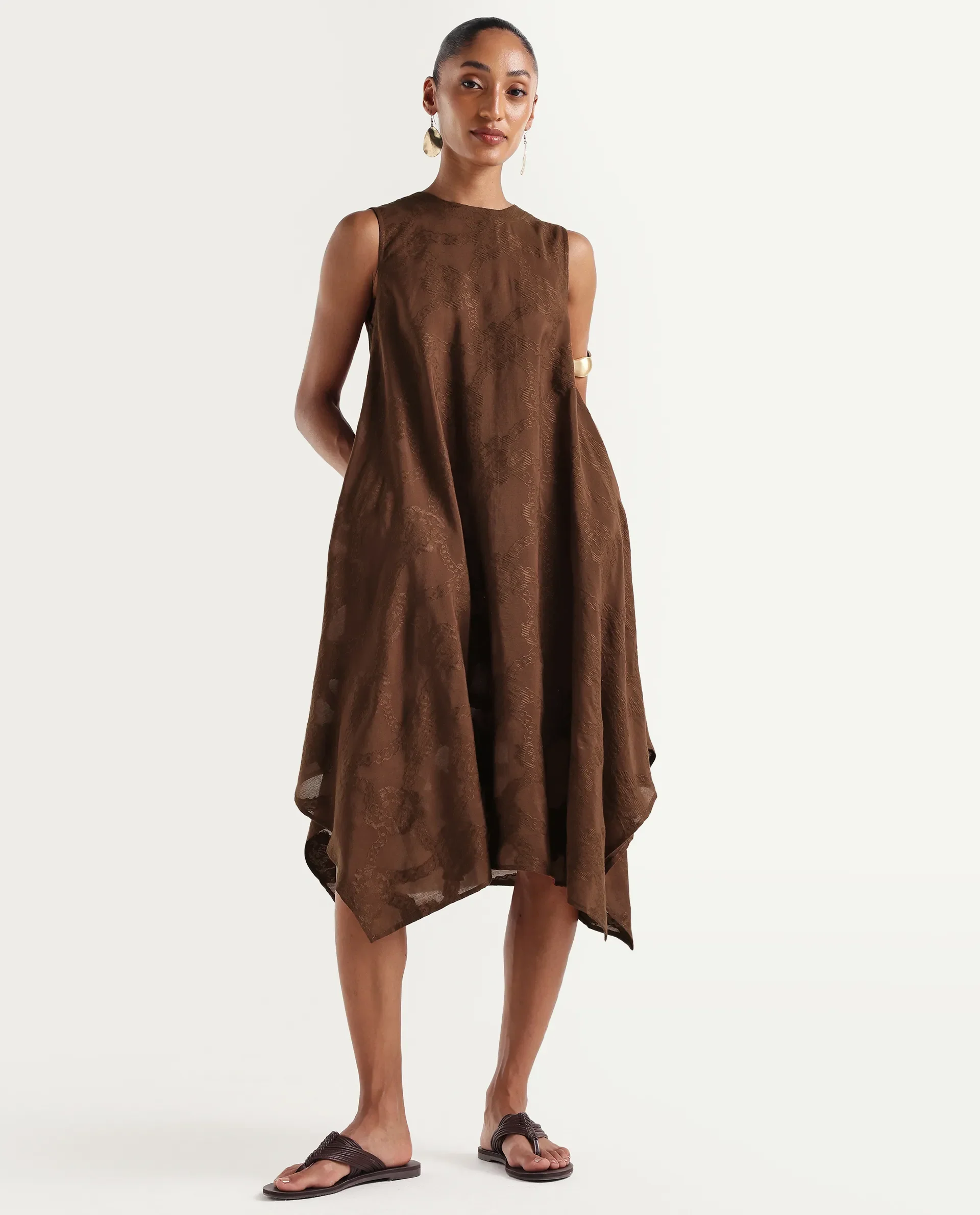 Rareism Women's Dassidy Rust Viscose Blend Crew Neck Button A-Line Jacquard Print Dress - Image 3