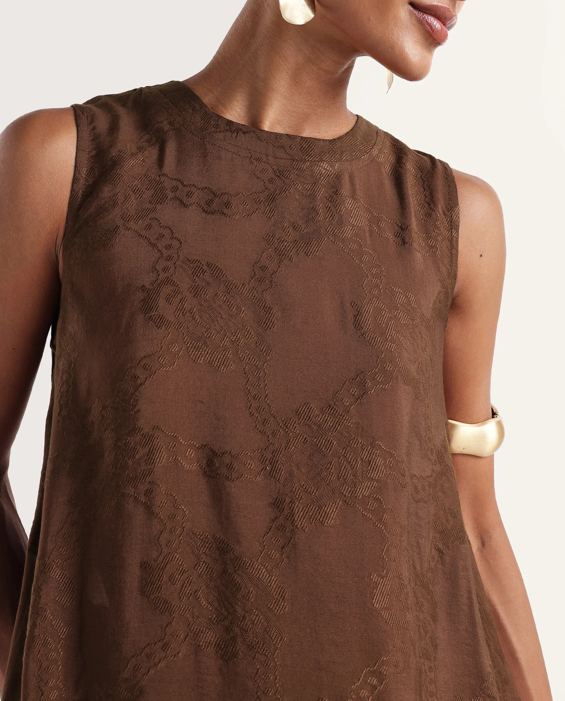 Rareism Women's Dassidy Rust Viscose Blend Crew Neck Button A-Line Jacquard Print Dress - Image 4
