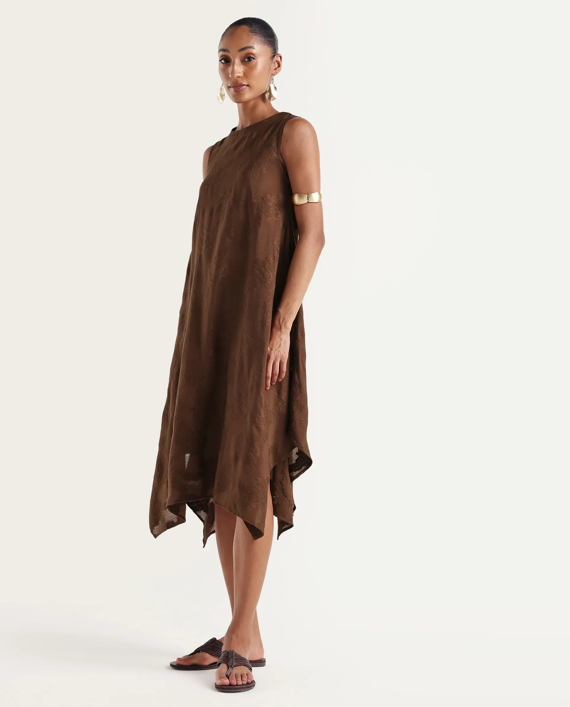 Rareism Women's Dassidy Rust Viscose Blend Crew Neck Button A-Line Jacquard Print Dress - Image 5