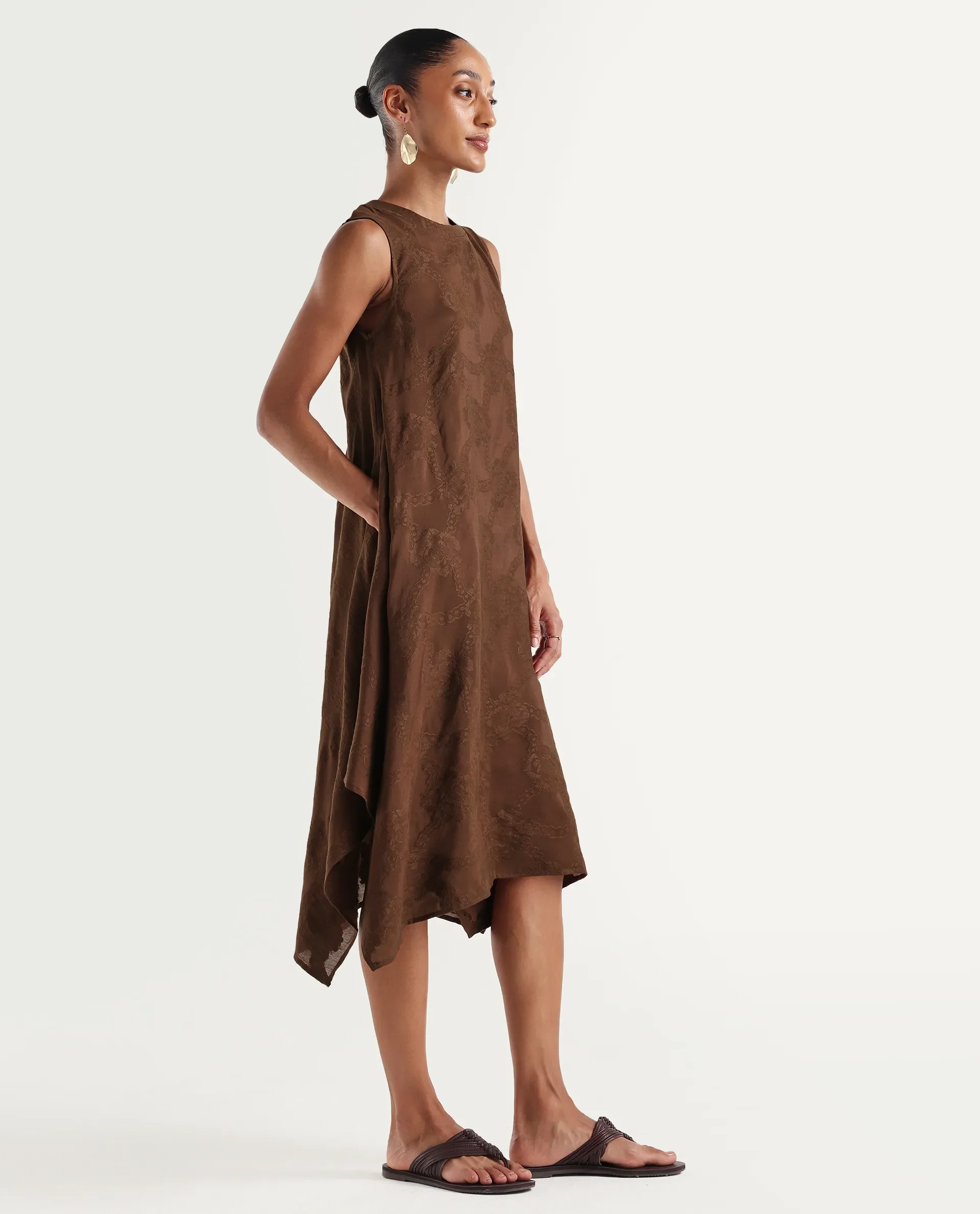 Rareism Women's Dassidy Rust Viscose Blend Crew Neck Button A-Line Jacquard Print Dress - Image 6