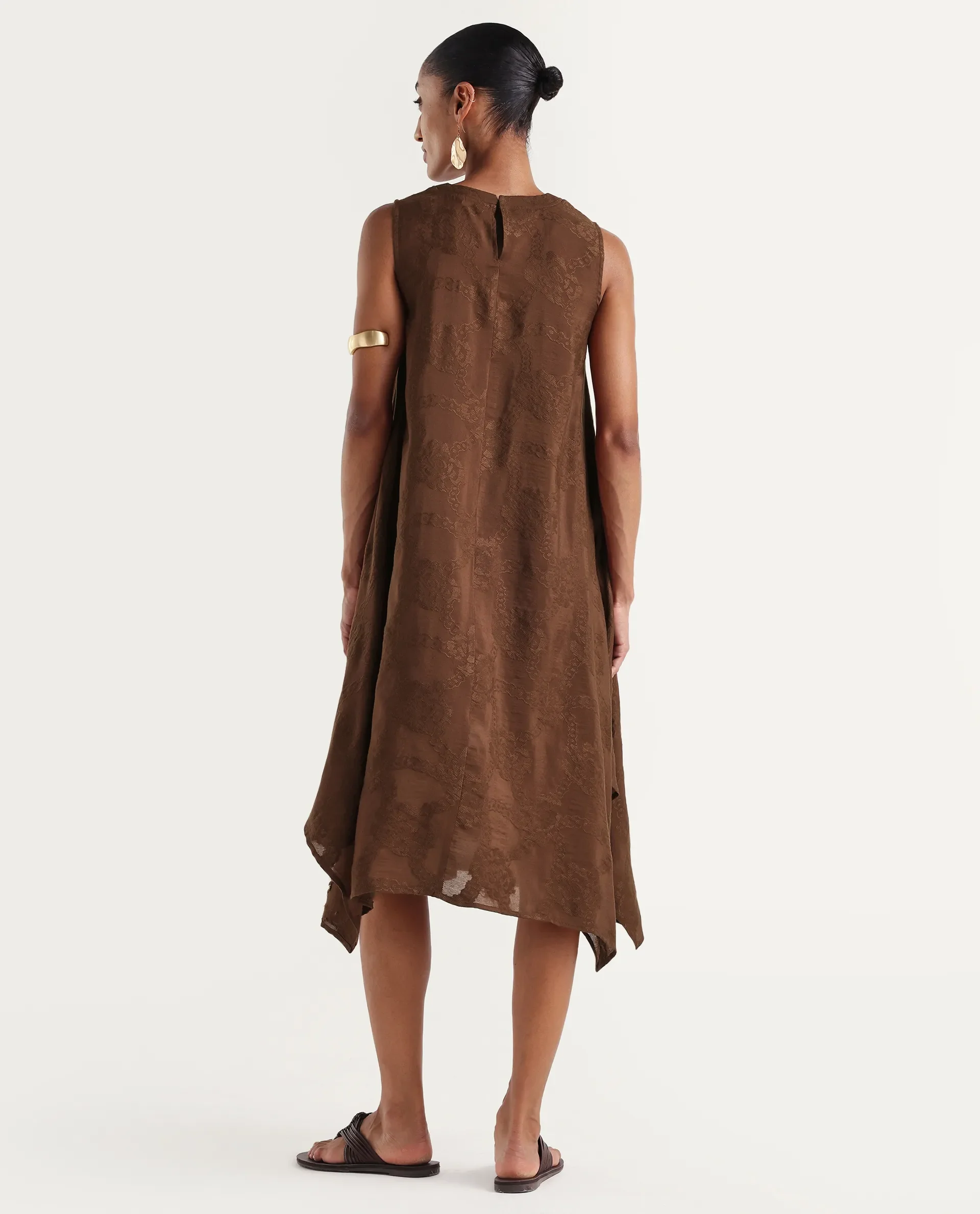 Rareism Women's Dassidy Rust Viscose Blend Crew Neck Button A-Line Jacquard Print Dress - Image 7
