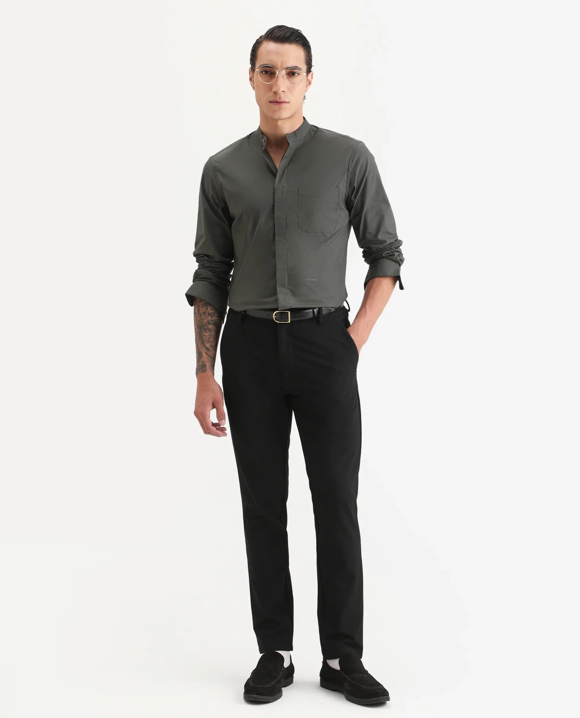 Rare Rabbit Men's Dati Dusky Olive Polyester Blend Plain Regular Fit Full Sleeve Mandarin Collar Shirt - Image 2