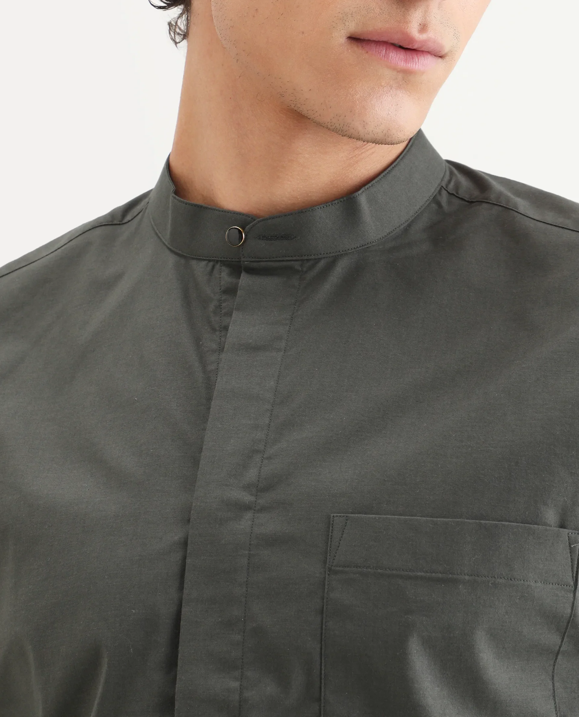 Rare Rabbit Men's Dati Dusky Olive Polyester Blend Plain Regular Fit Full Sleeve Mandarin Collar Shirt - Image 3