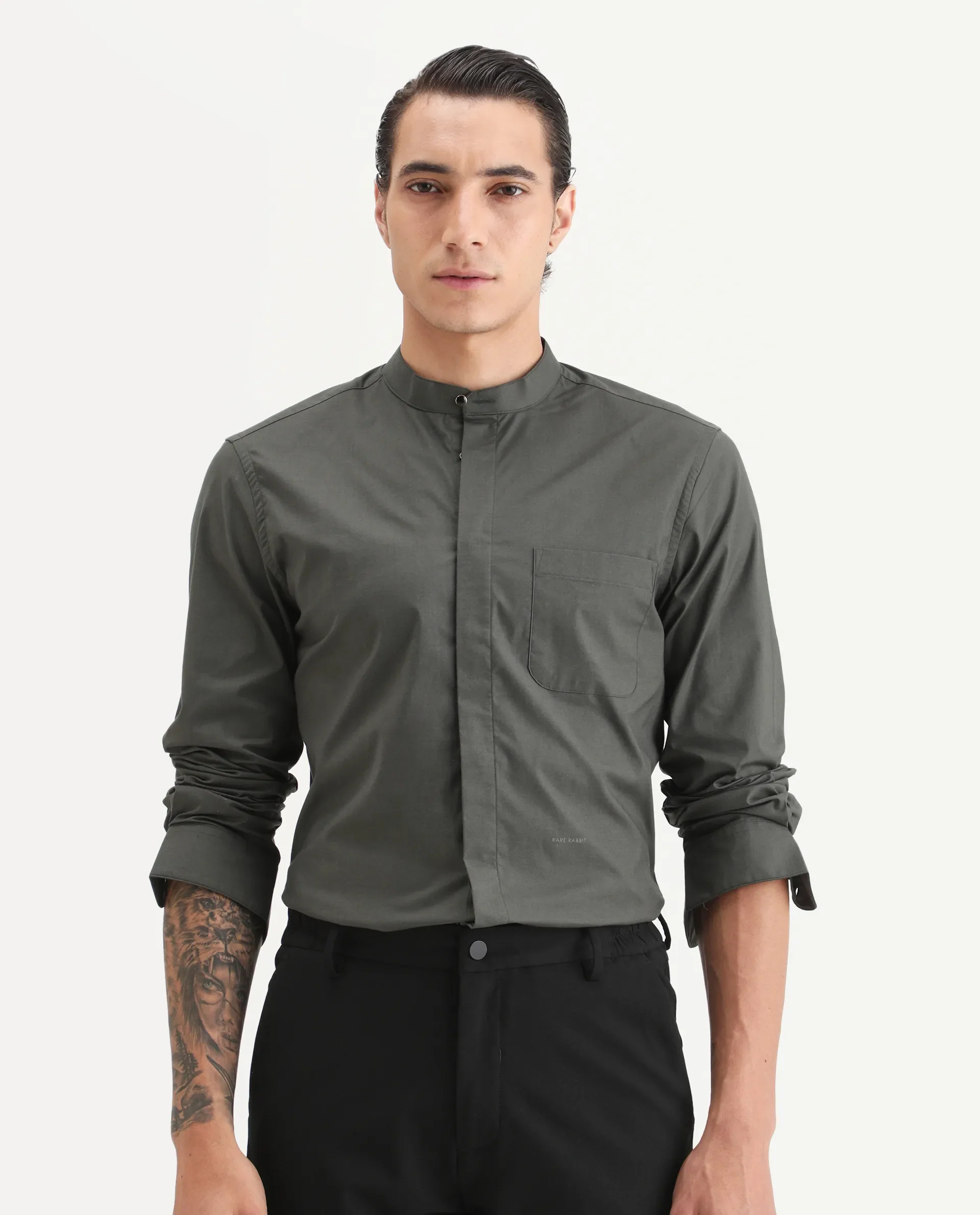 Rare Rabbit Men's Dati Dusky Olive Polyester Blend Plain Regular Fit Full Sleeve Mandarin Collar Shirt - Image 4