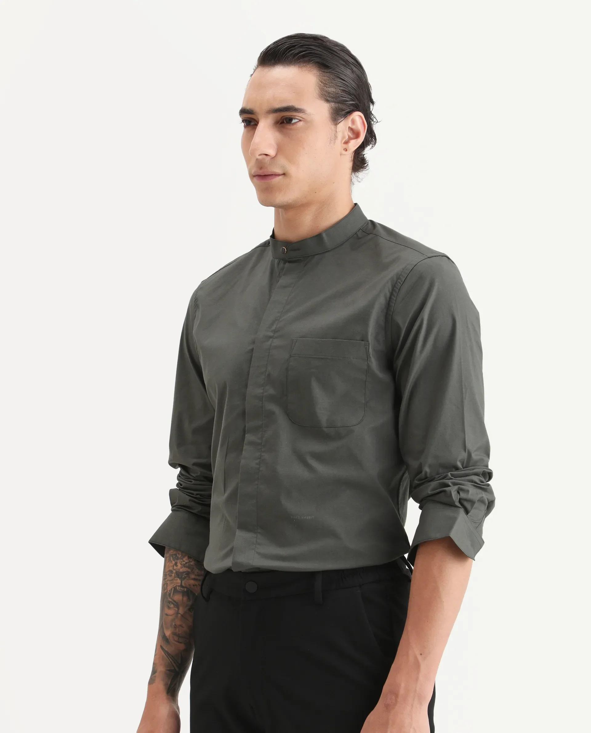 Rare Rabbit Men's Dati Dusky Olive Polyester Blend Plain Regular Fit Full Sleeve Mandarin Collar Shirt - Image 5