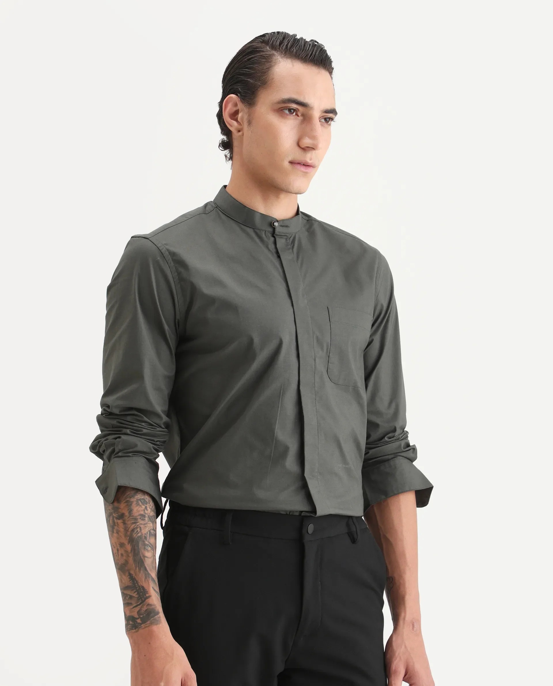 Rare Rabbit Men's Dati Dusky Olive Polyester Blend Plain Regular Fit Full Sleeve Mandarin Collar Shirt - Image 6