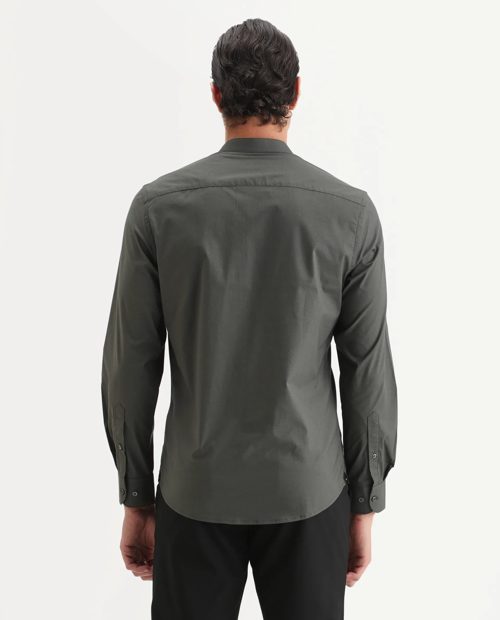 Rare Rabbit Men's Dati Dusky Olive Polyester Blend Plain Regular Fit Full Sleeve Mandarin Collar Shirt - Image 7