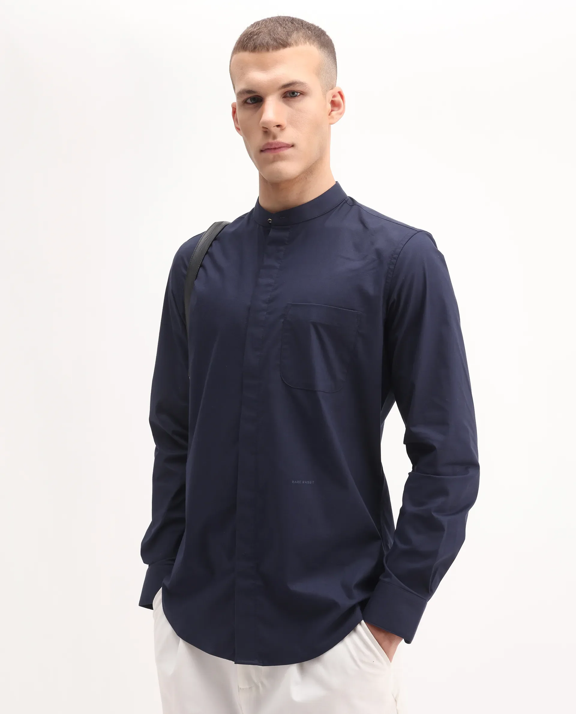 Rare Rabbit Men's Dati Navy Polyester Blend Plain Regular Fit Full Sleeve Mandarin Collar Shirt