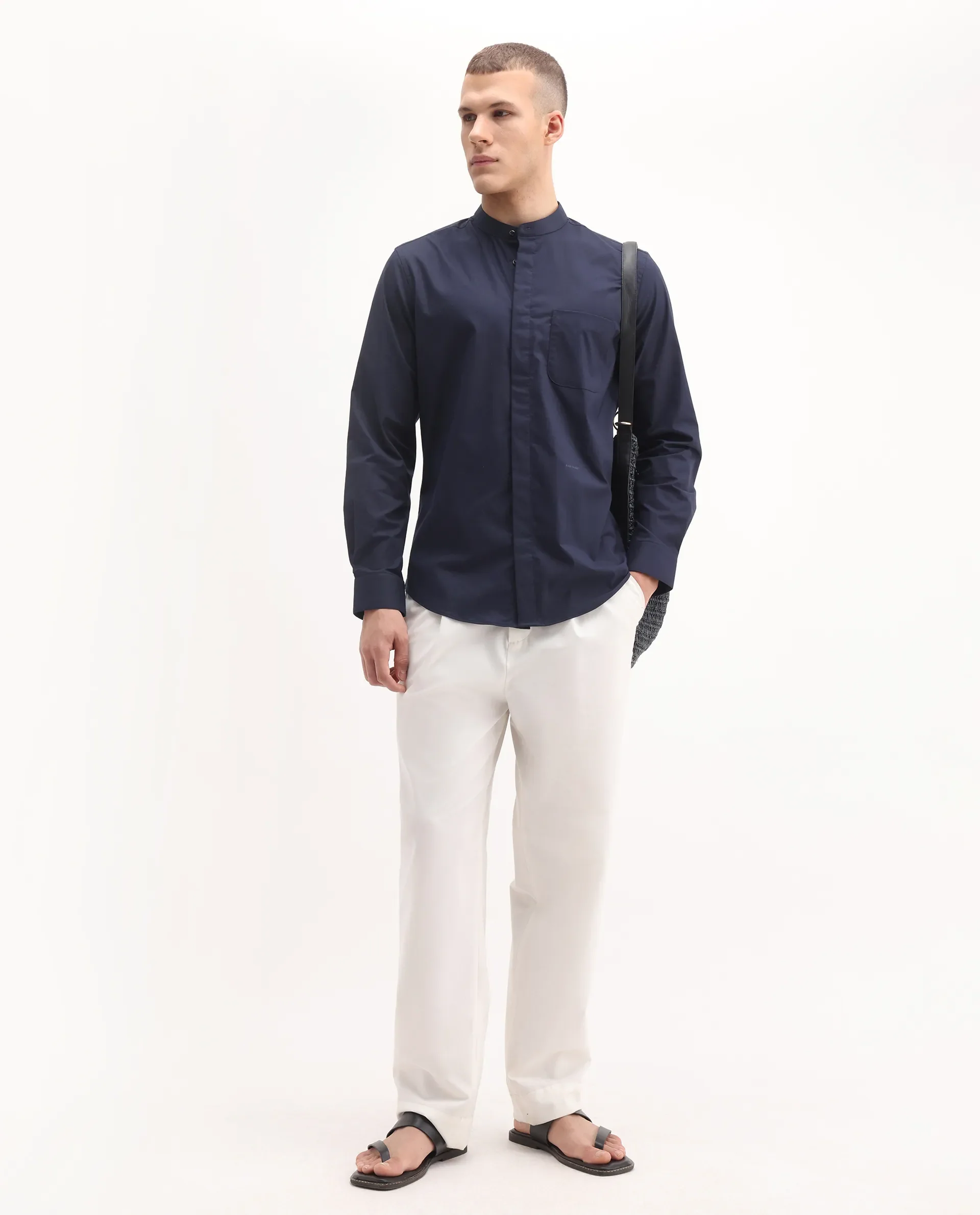 Rare Rabbit Men's Dati Navy Polyester Blend Plain Regular Fit Full Sleeve Mandarin Collar Shirt - Image 2