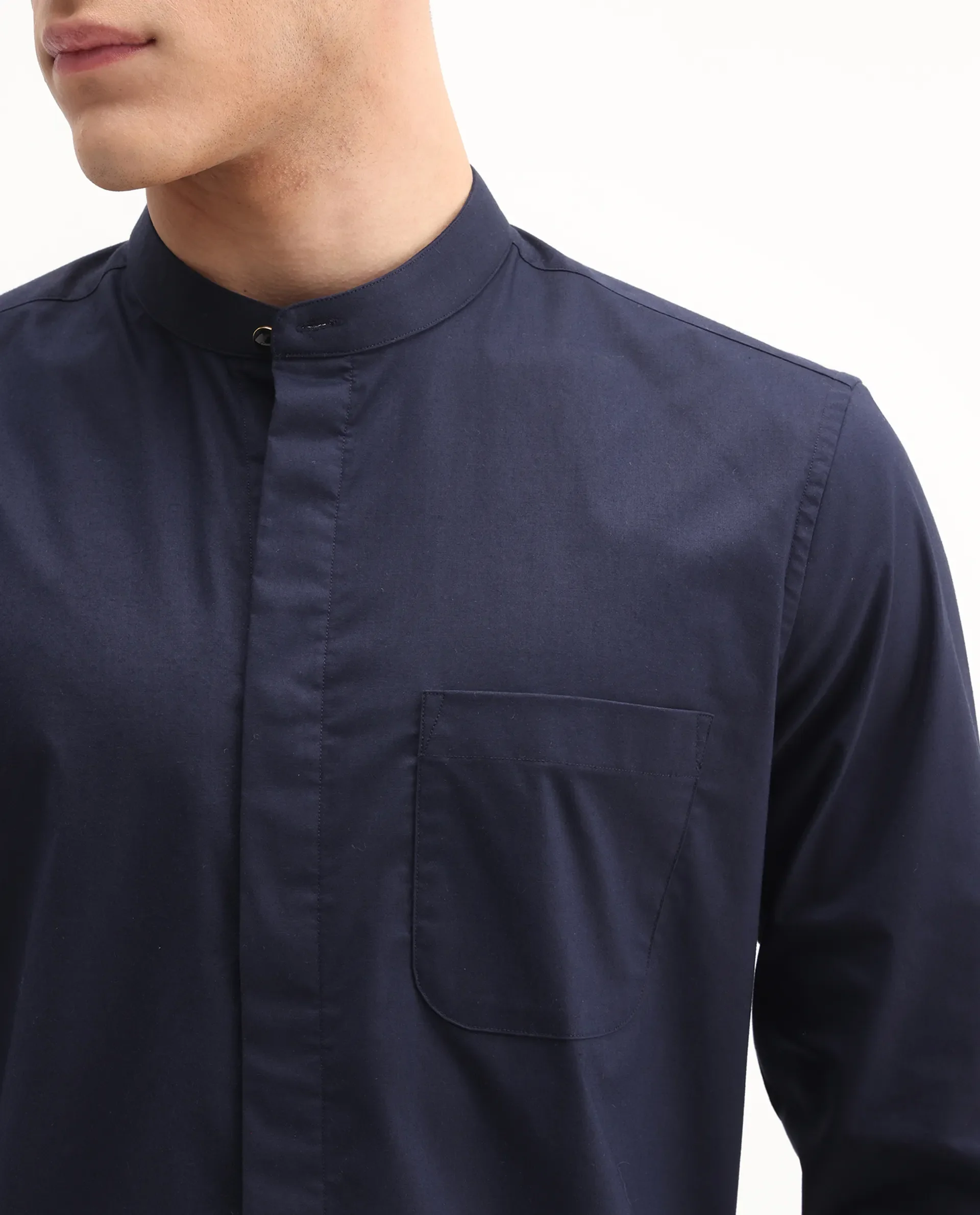 Rare Rabbit Men's Dati Navy Polyester Blend Plain Regular Fit Full Sleeve Mandarin Collar Shirt - Image 3
