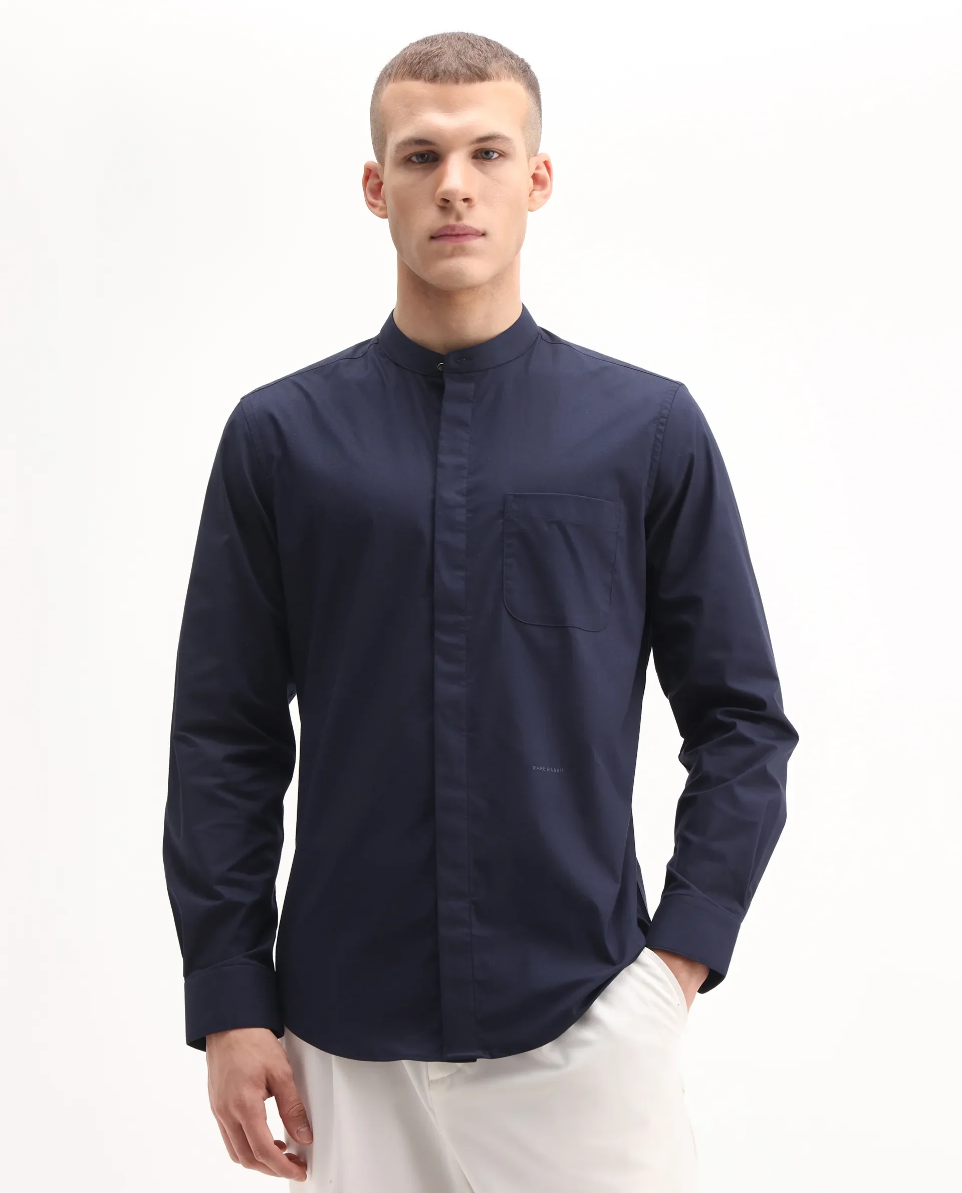 Rare Rabbit Men's Dati Navy Polyester Blend Plain Regular Fit Full Sleeve Mandarin Collar Shirt - Image 4