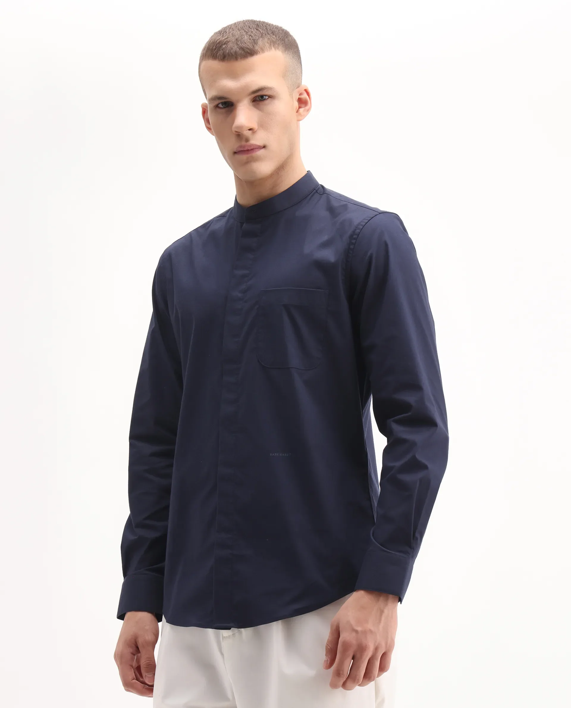 Rare Rabbit Men's Dati Navy Polyester Blend Plain Regular Fit Full Sleeve Mandarin Collar Shirt - Image 5