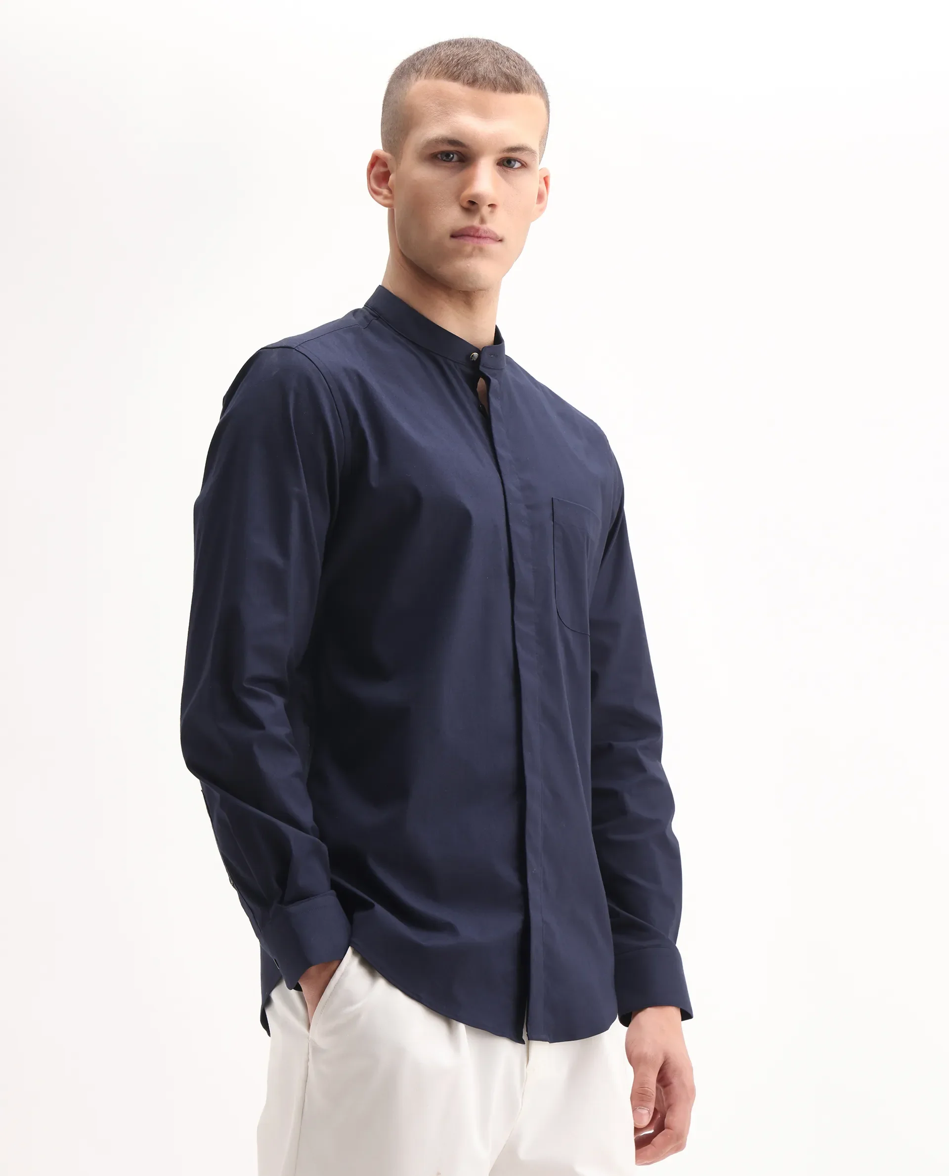 Rare Rabbit Men's Dati Navy Polyester Blend Plain Regular Fit Full Sleeve Mandarin Collar Shirt - Image 6