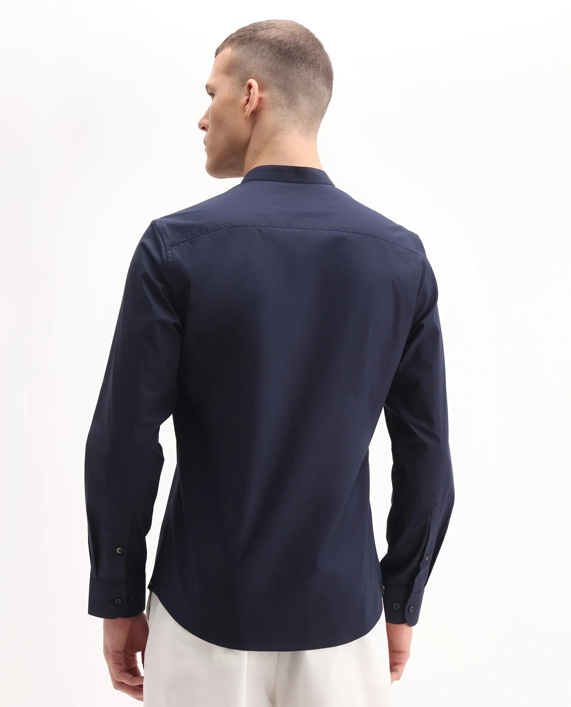 Rare Rabbit Men's Dati Navy Polyester Blend Plain Regular Fit Full Sleeve Mandarin Collar Shirt - Image 7