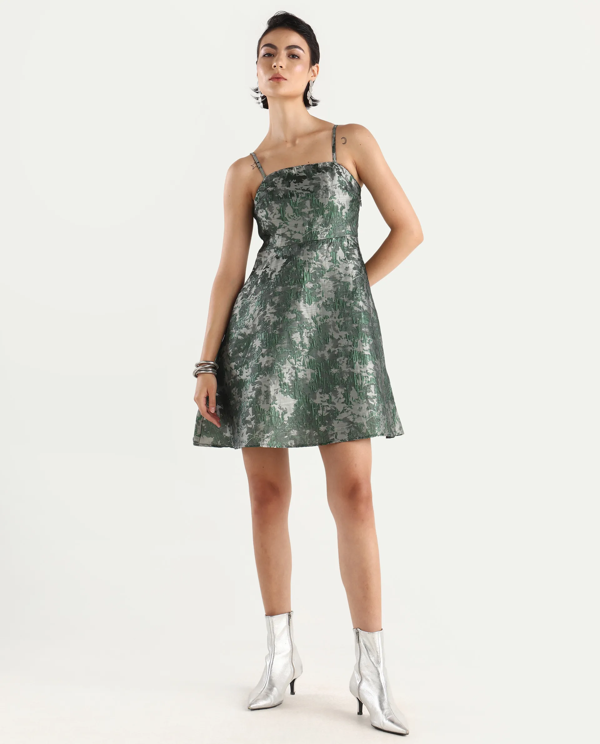 Rareism Women's Davao Metallic Green Viscose Shoulder Strap Jacquard Sleeveless Knee Length Fit And Flare Dress - Image 2