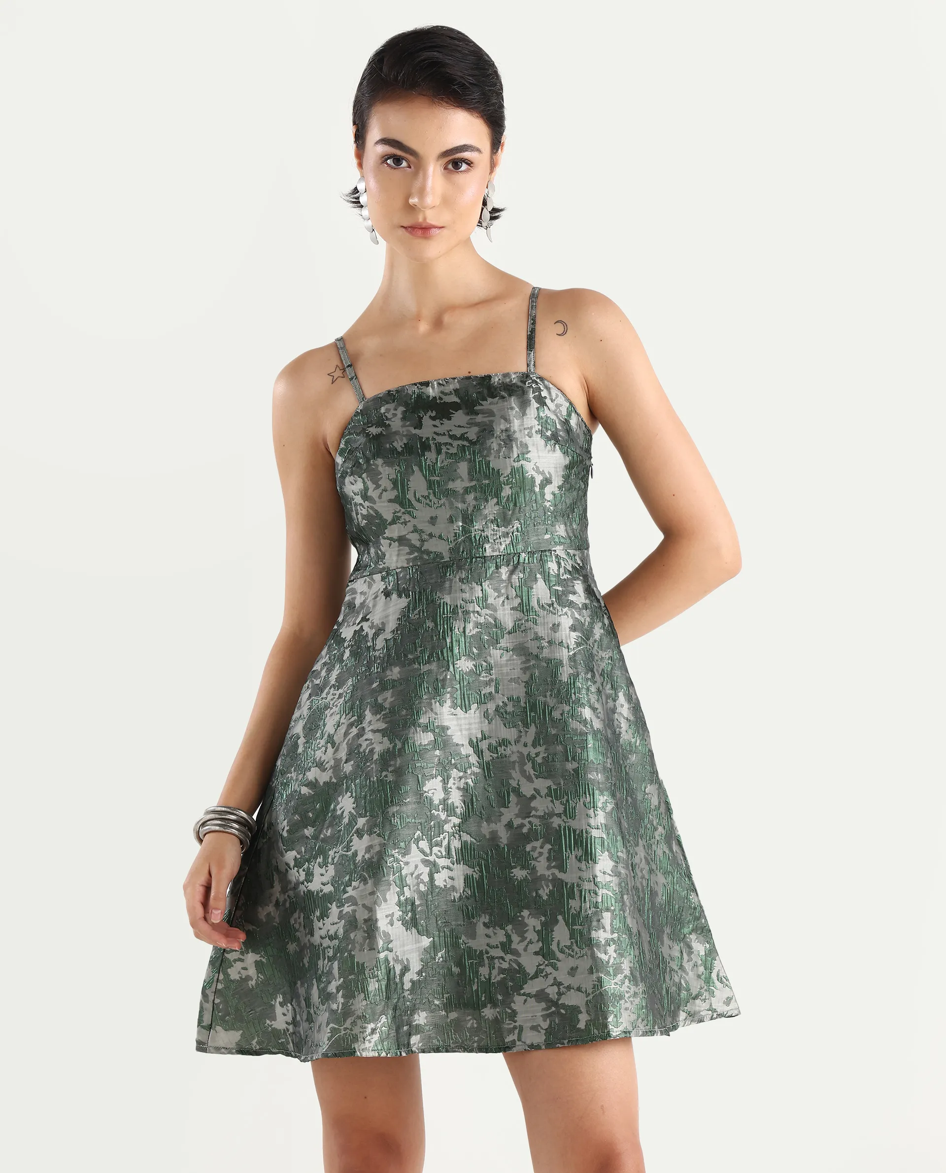 Rareism Women's Davao Metallic Green Viscose Shoulder Strap Jacquard Sleeveless Knee Length Fit And Flare Dress - Image 3