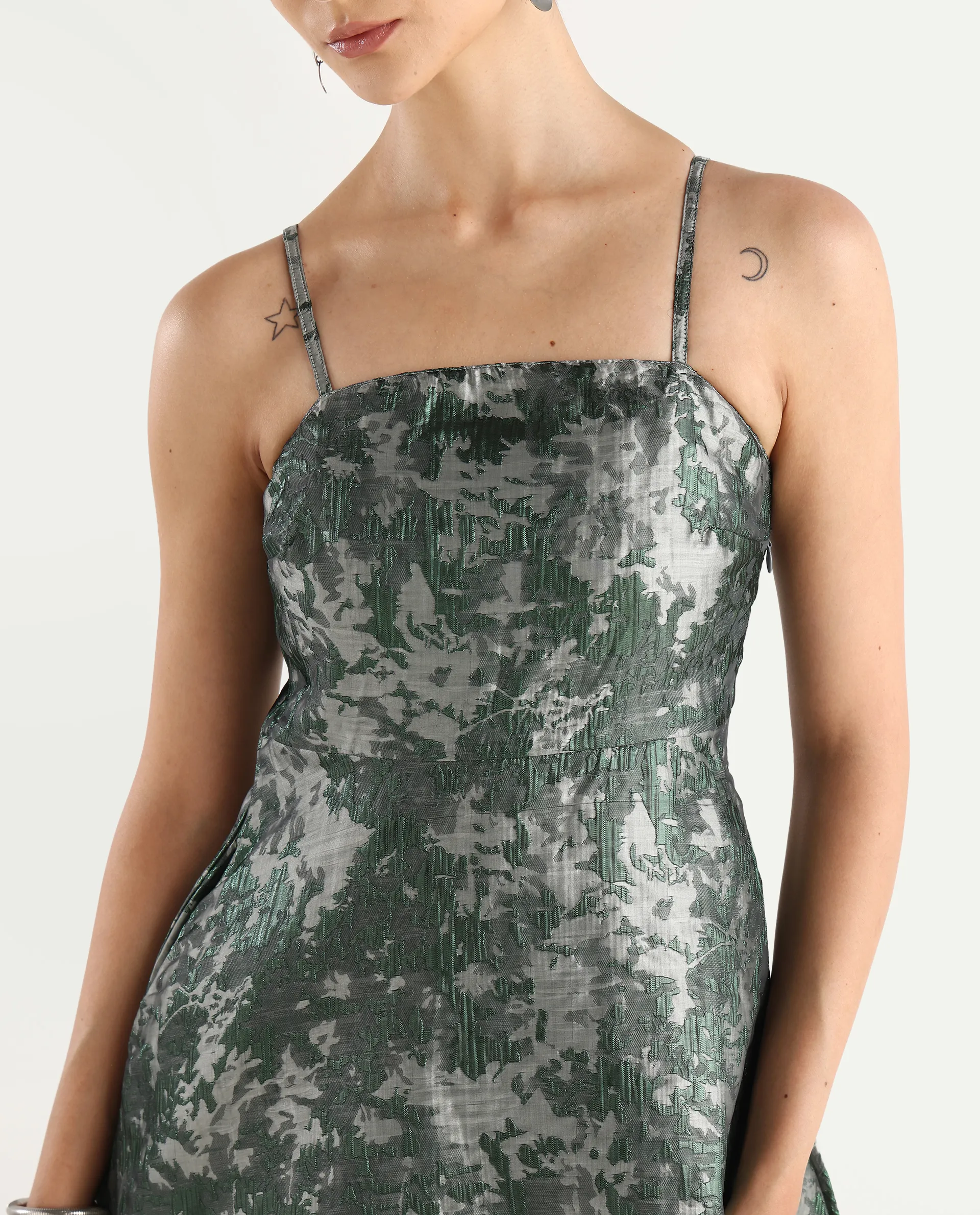 Rareism Women's Davao Metallic Green Viscose Shoulder Strap Jacquard Sleeveless Knee Length Fit And Flare Dress - Image 4