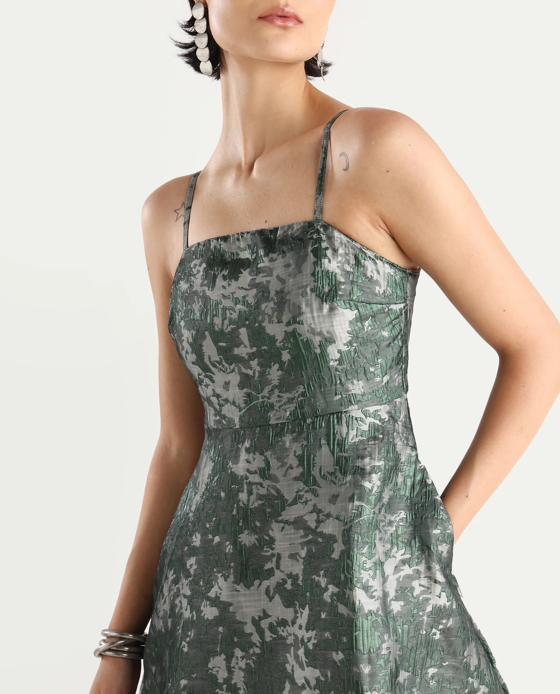 Rareism Women's Davao Metallic Green Viscose Shoulder Strap Jacquard Sleeveless Knee Length Fit And Flare Dress - Image 5