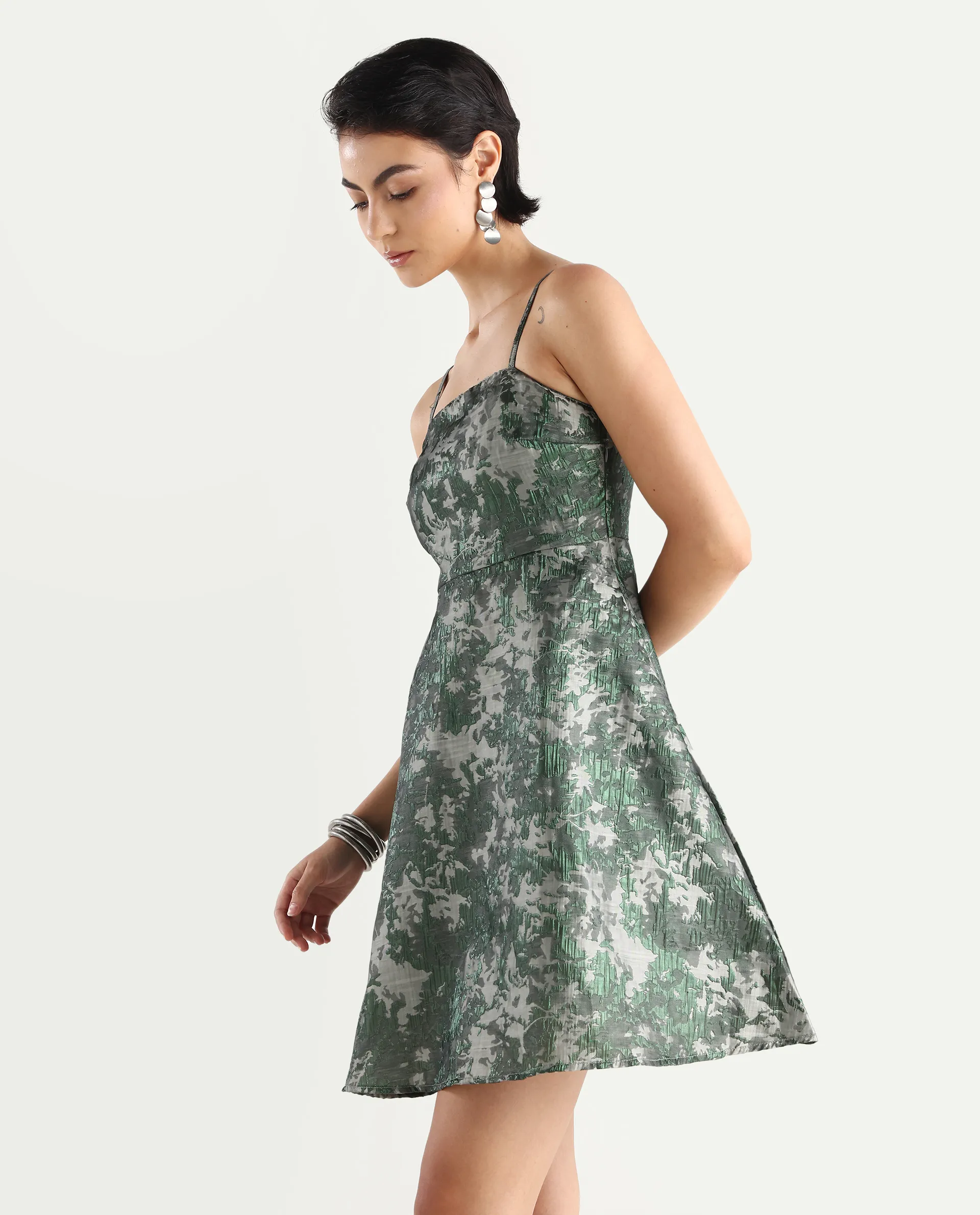 Rareism Women's Davao Metallic Green Viscose Shoulder Strap Jacquard Sleeveless Knee Length Fit And Flare Dress - Image 6