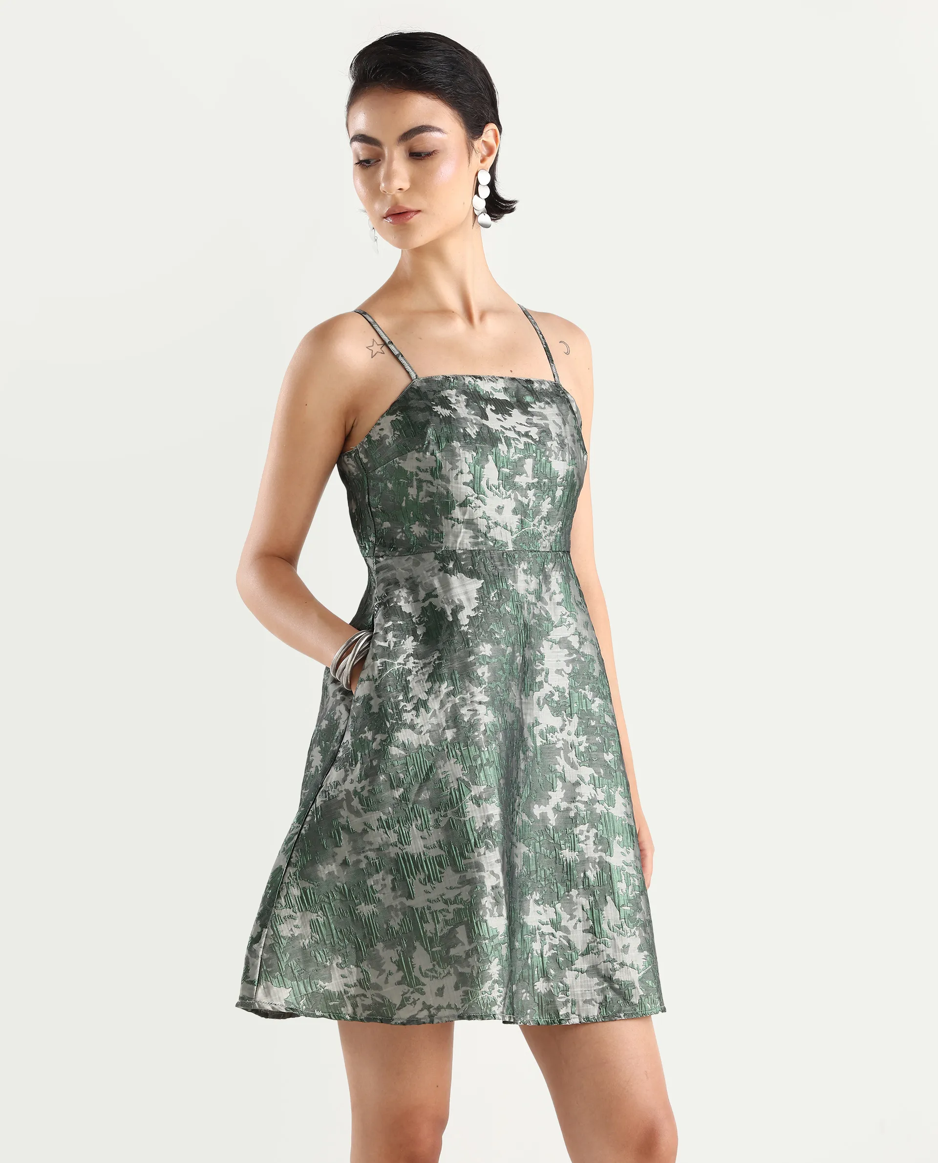 Rareism Women's Davao Metallic Green Viscose Shoulder Strap Jacquard Sleeveless Knee Length Fit And Flare Dress - Image 7