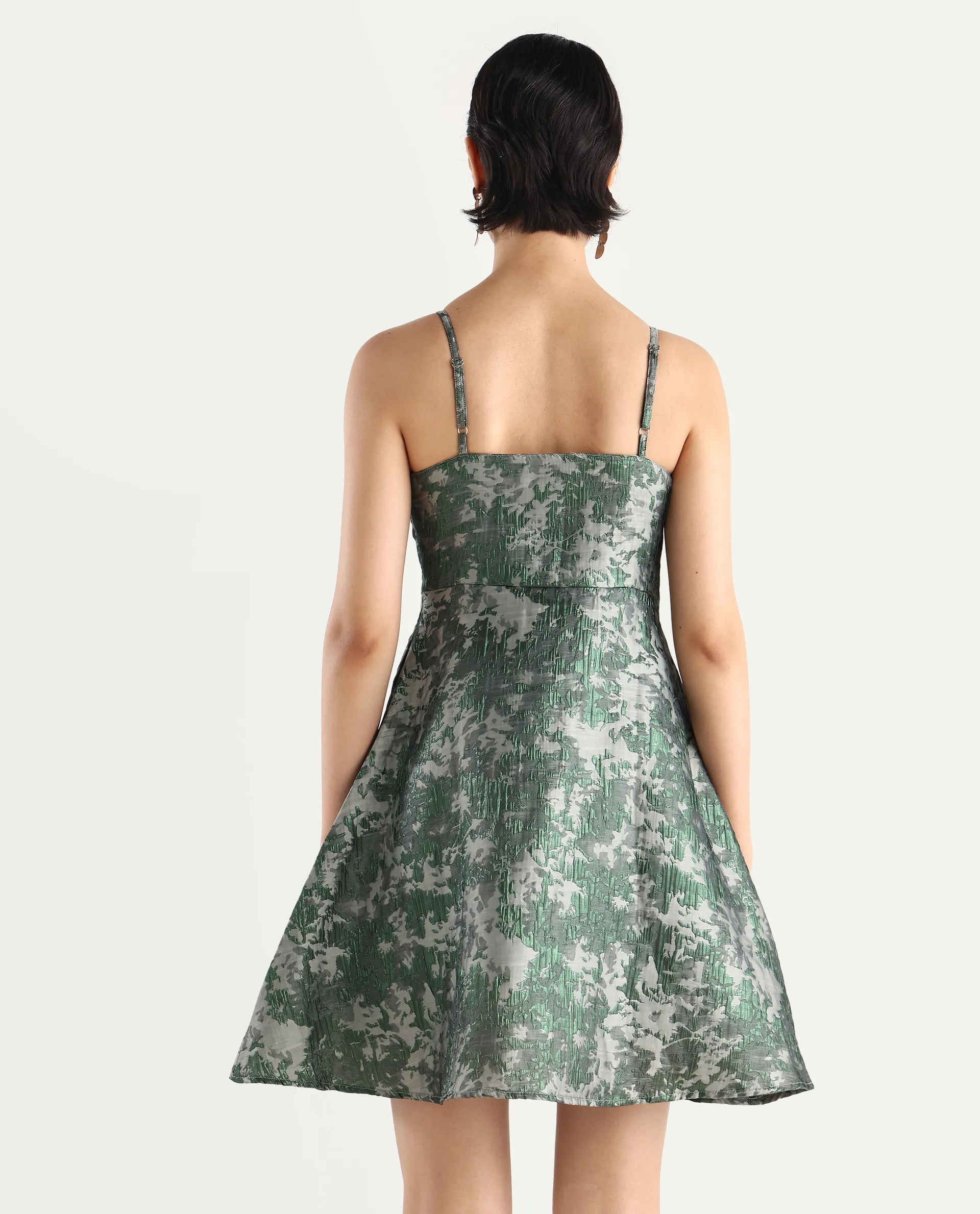 Rareism Women's Davao Metallic Green Viscose Shoulder Strap Jacquard Sleeveless Knee Length Fit And Flare Dress - Image 8