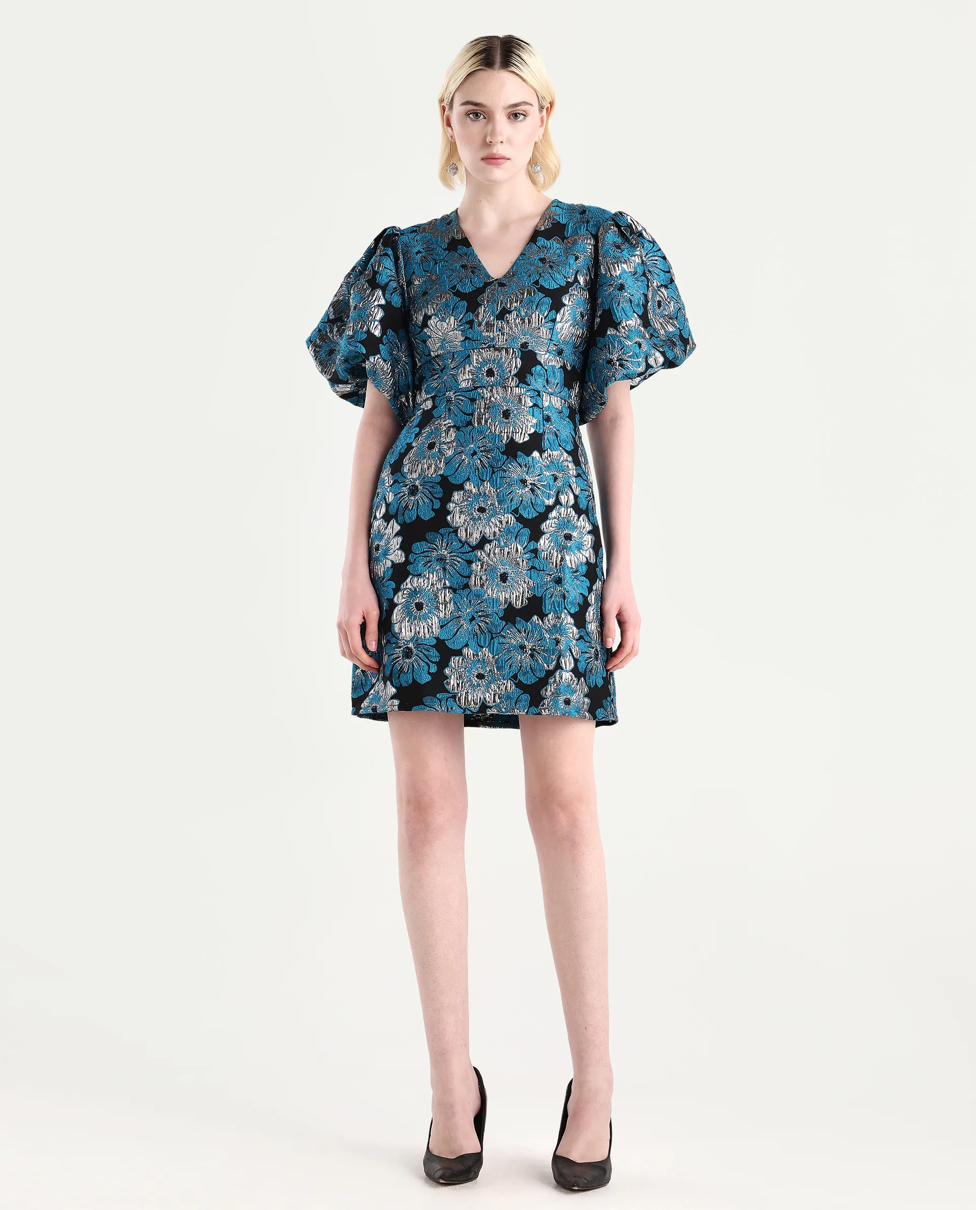 Rareism Women's Daveth Metalic Blue V-Neck Floral Print Puff Sleeves Knee Length Regular Fit Dress - Image 2