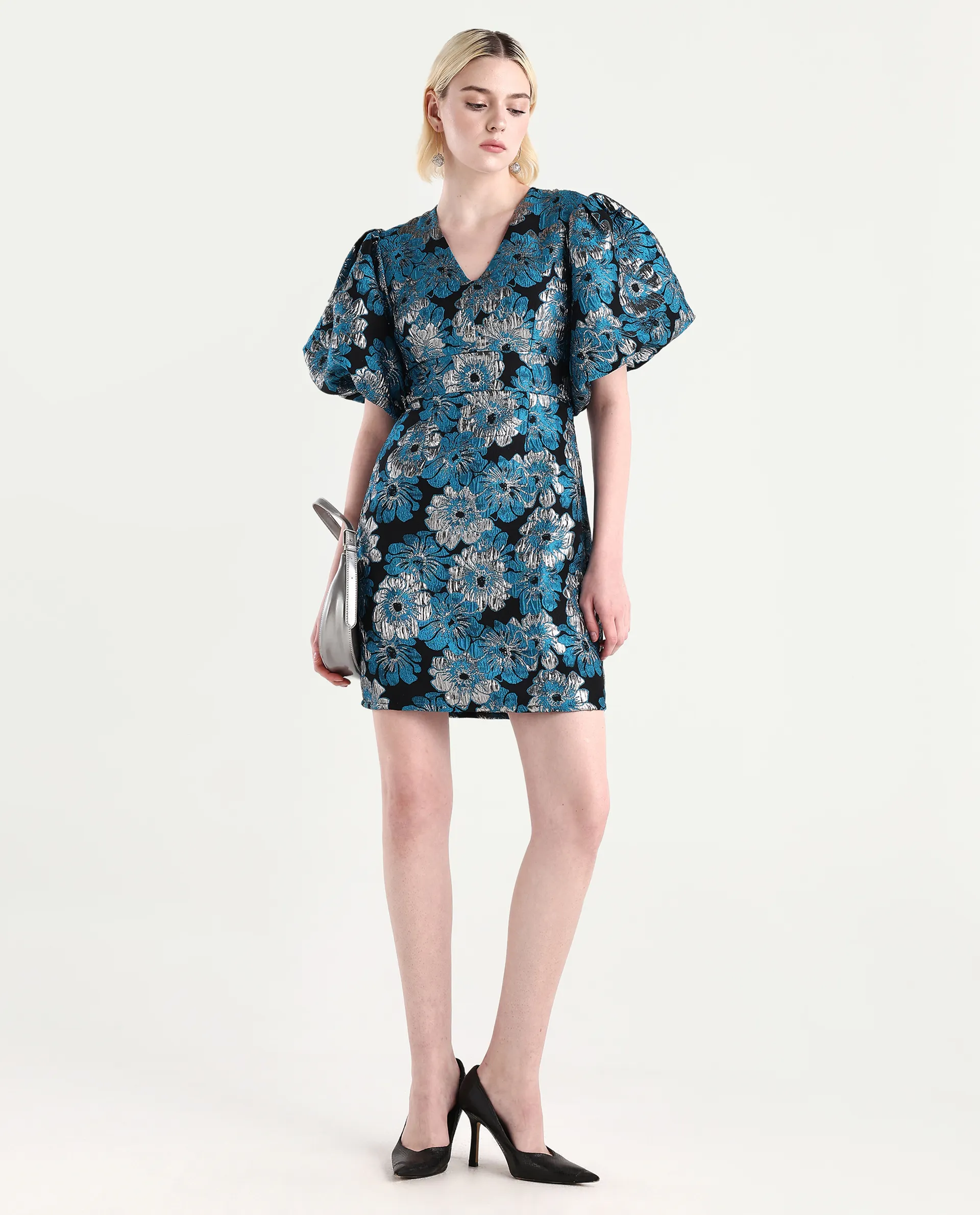 Rareism Women's Daveth Metalic Blue V-Neck Floral Print Puff Sleeves Knee Length Regular Fit Dress - Image 3