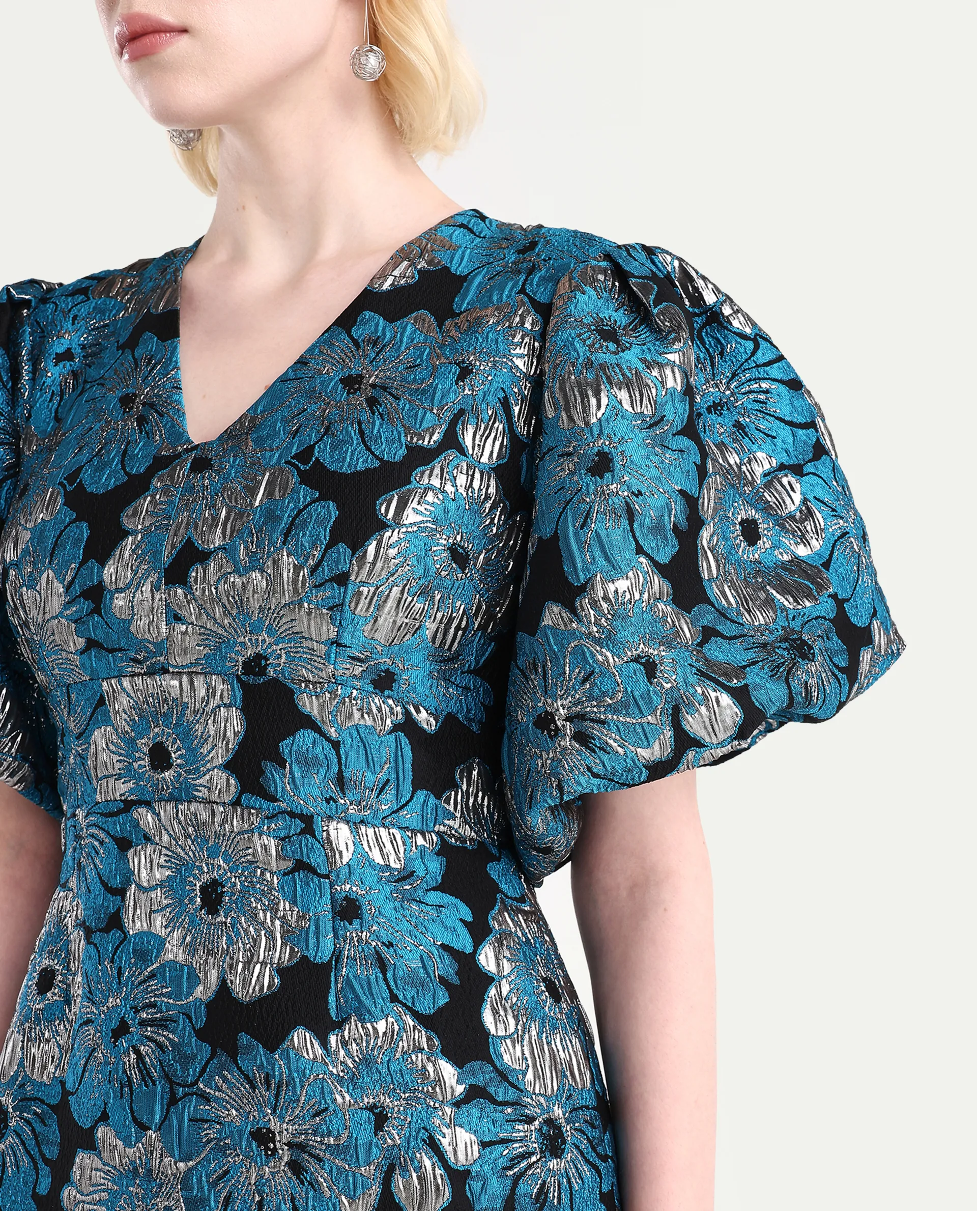 Rareism Women's Daveth Metalic Blue V-Neck Floral Print Puff Sleeves Knee Length Regular Fit Dress - Image 4