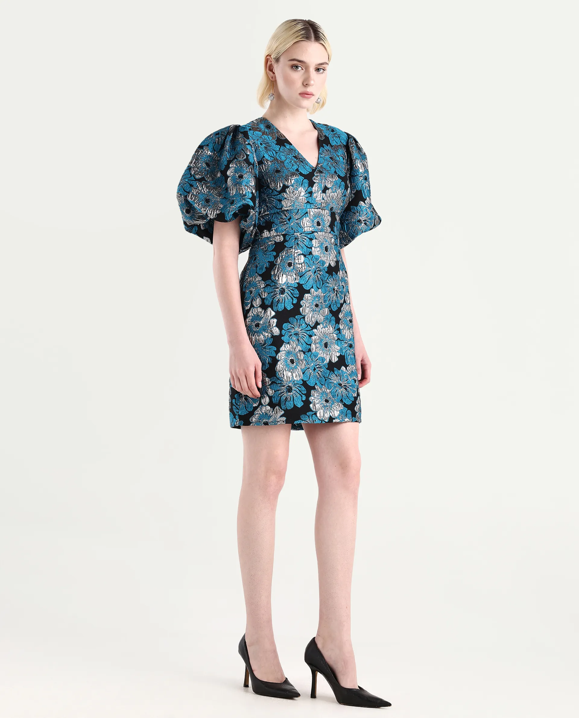 Rareism Women's Daveth Metalic Blue V-Neck Floral Print Puff Sleeves Knee Length Regular Fit Dress - Image 5