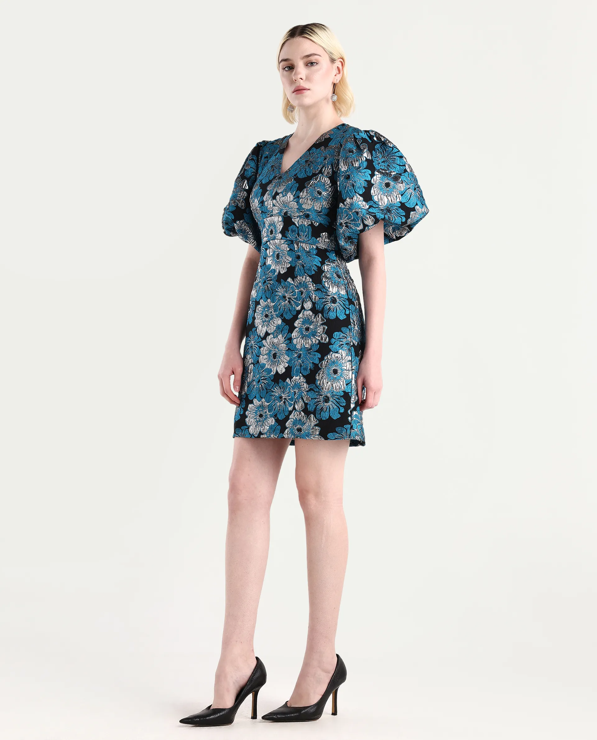 Rareism Women's Daveth Metalic Blue V-Neck Floral Print Puff Sleeves Knee Length Regular Fit Dress - Image 6
