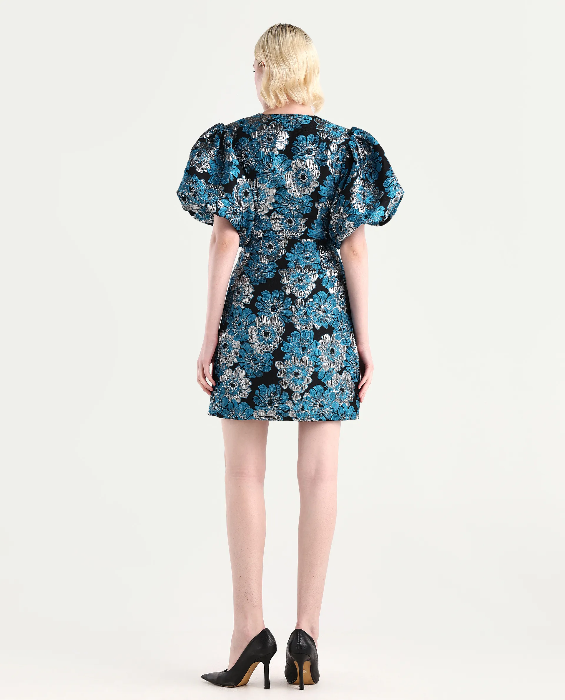 Rareism Women's Daveth Metalic Blue V-Neck Floral Print Puff Sleeves Knee Length Regular Fit Dress - Image 7