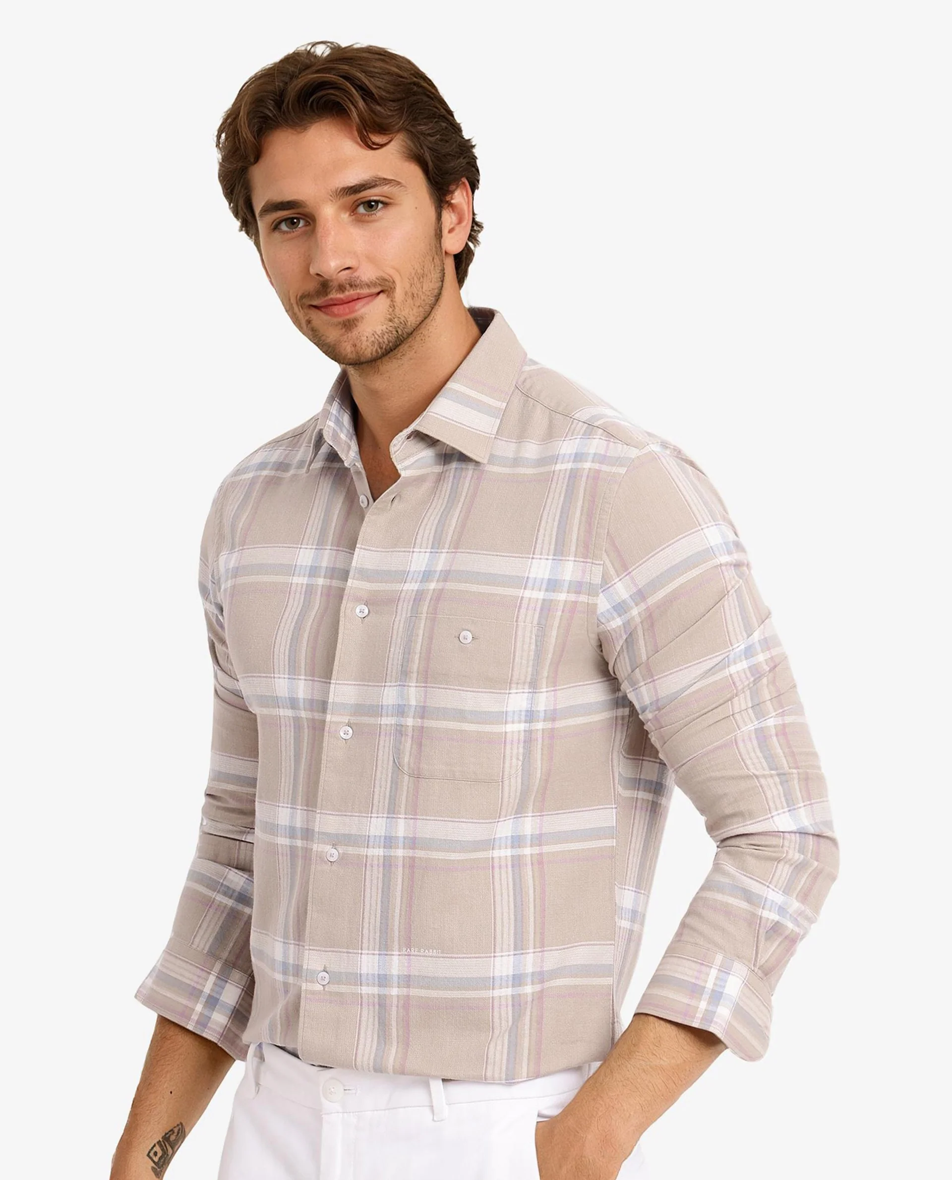 Rare Rabbit Men's Davi Beige Cotton Checked Print Regular Fit Full Sleeve Collared Shirt - Image 7
