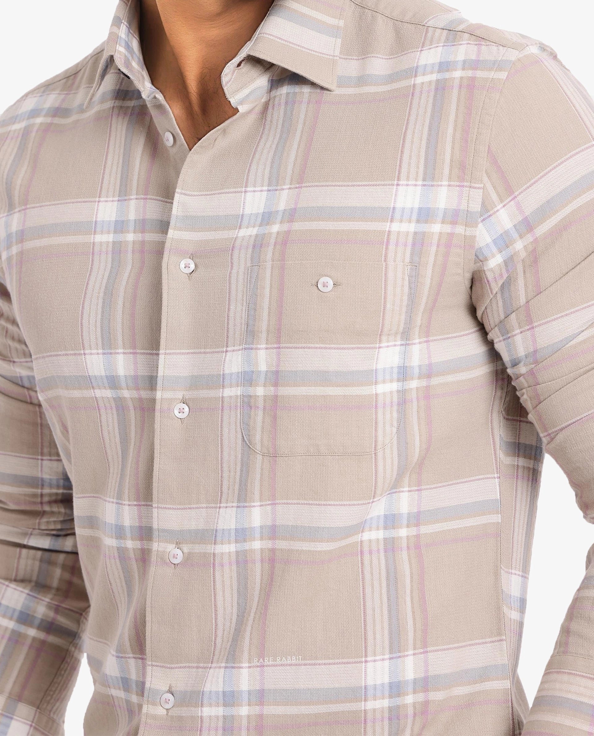 Rare Rabbit Men's Davi Beige Cotton Checked Print Regular Fit Full Sleeve Collared Shirt - Image 9
