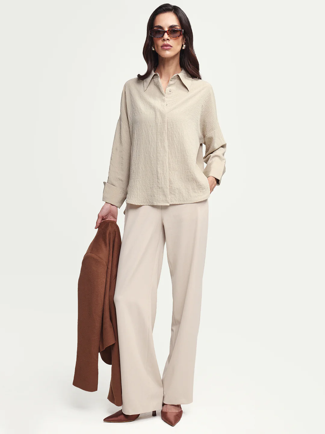Rareism Women's Davi Beige Viscose Blend Full Sleeve Spread Collar Button Oversized Plain Shirt Oversize - Image 2