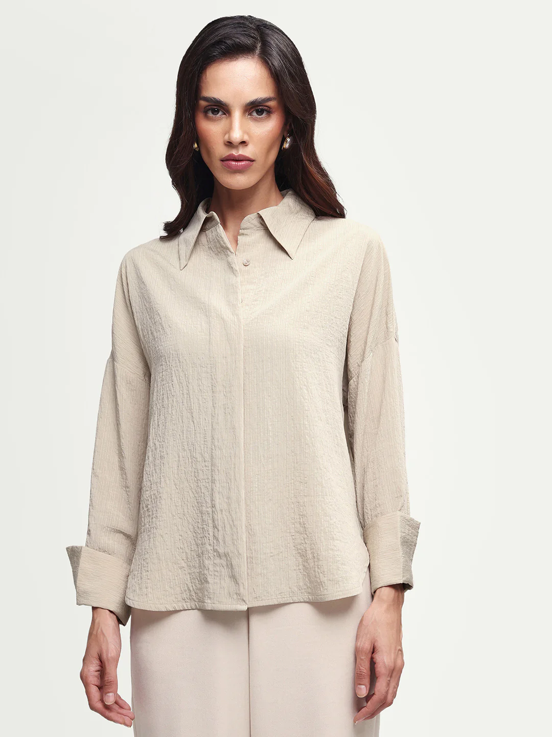 Rareism Women's Davi Beige Viscose Blend Full Sleeve Spread Collar Button Oversized Plain Shirt Oversize - Image 3