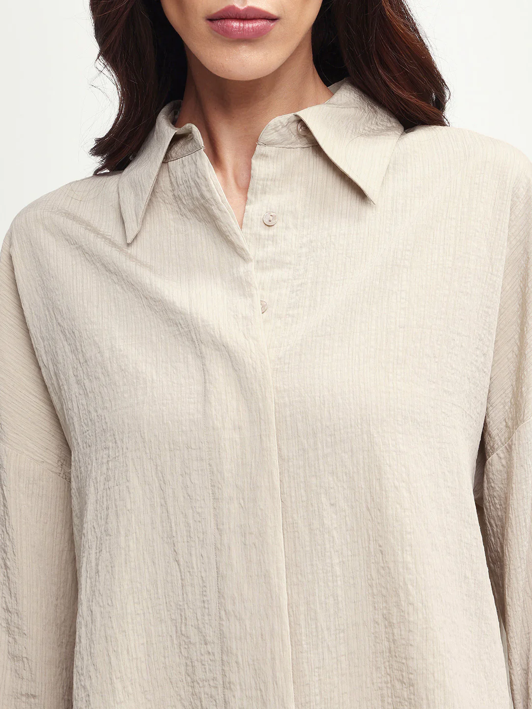 Rareism Women's Davi Beige Viscose Blend Full Sleeve Spread Collar Button Oversized Plain Shirt Oversize - Image 4