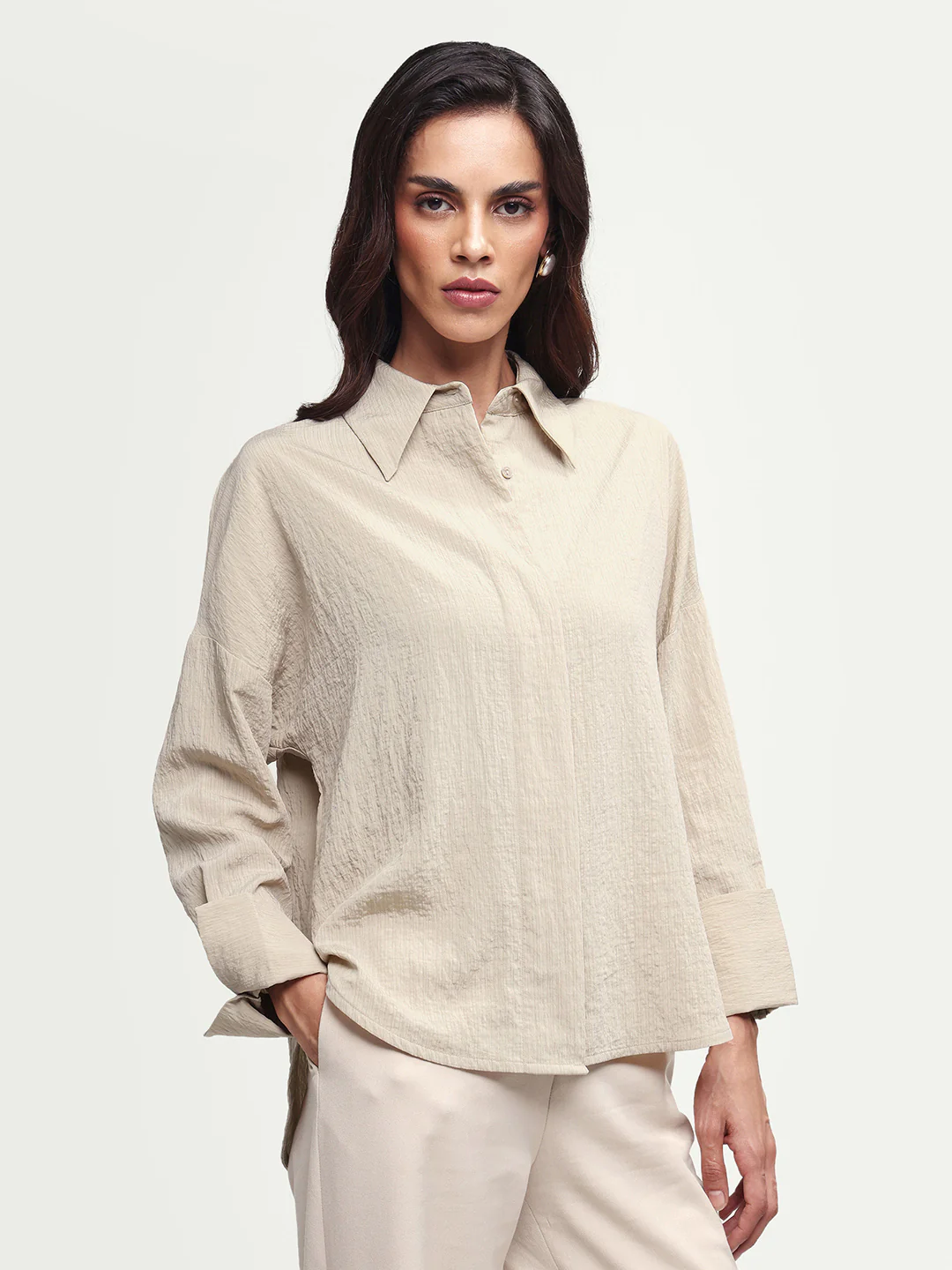 Rareism Women's Davi Beige Viscose Blend Full Sleeve Spread Collar Button Oversized Plain Shirt Oversize - Image 5