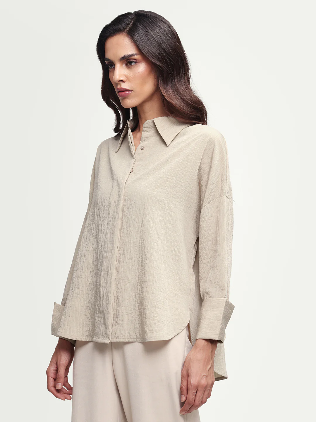 Rareism Women's Davi Beige Viscose Blend Full Sleeve Spread Collar Button Oversized Plain Shirt Oversize - Image 6