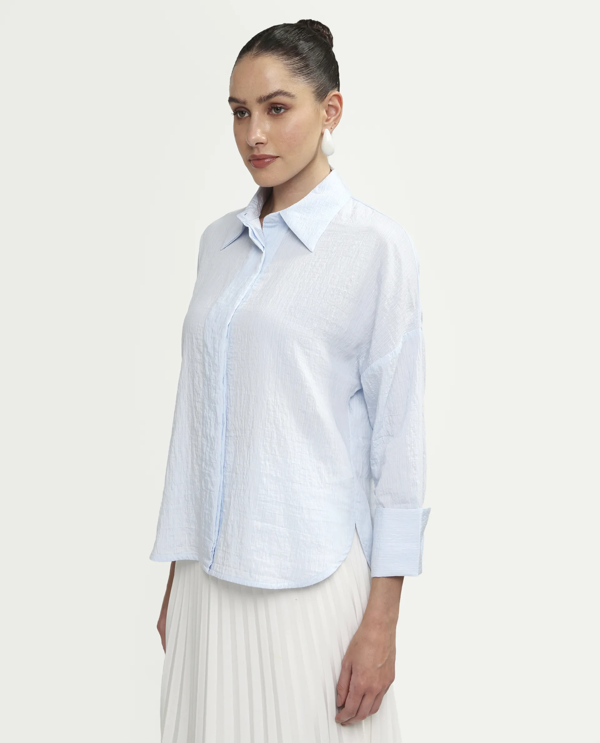 Rareism Women's Davi Light Blue Viscose Blend Full Sleeve Collared Relaxed Plain Shirt - Image 5
